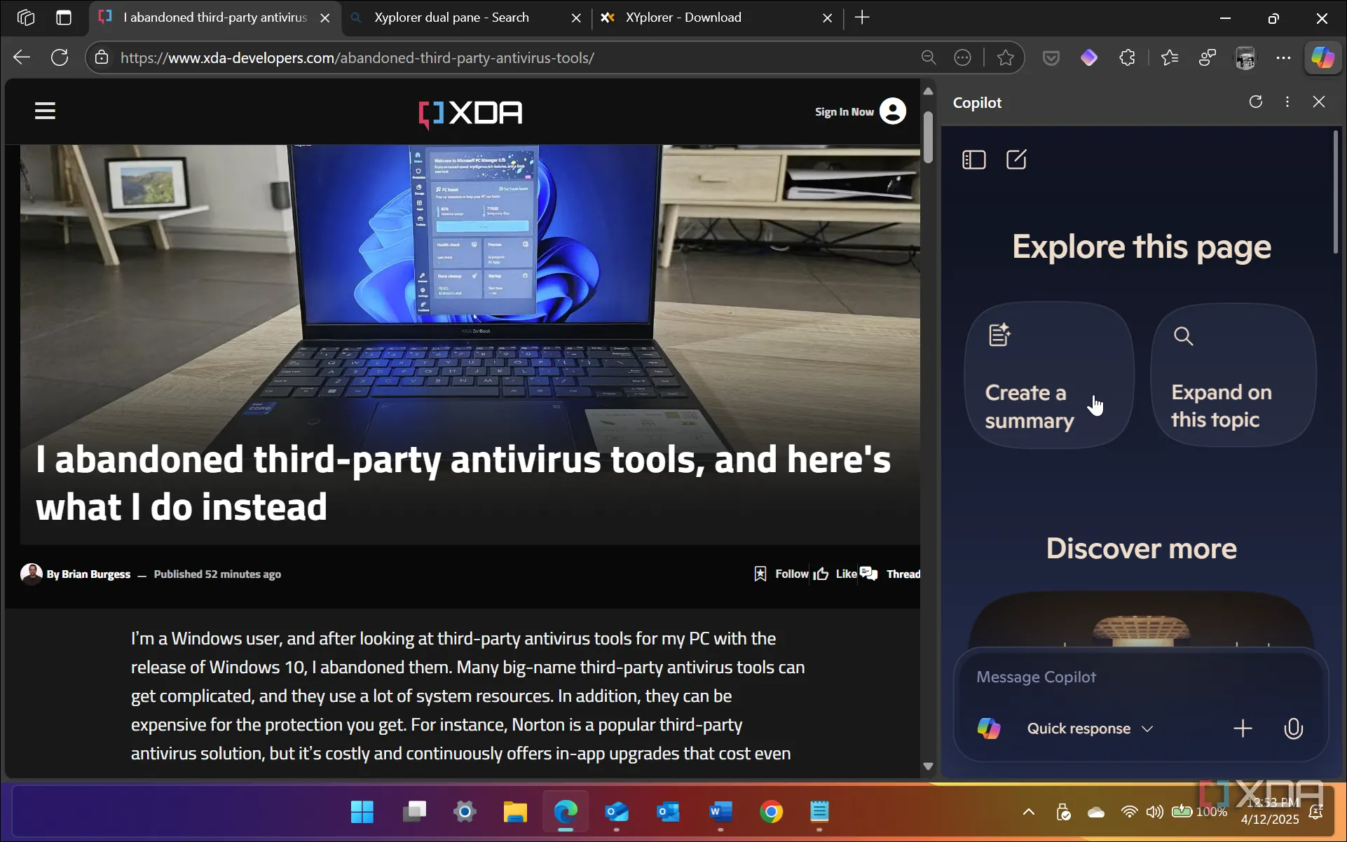 Giao diện Microsoft Edge trên Windows 11 với Copilot đang tóm tắt nội dung trang web