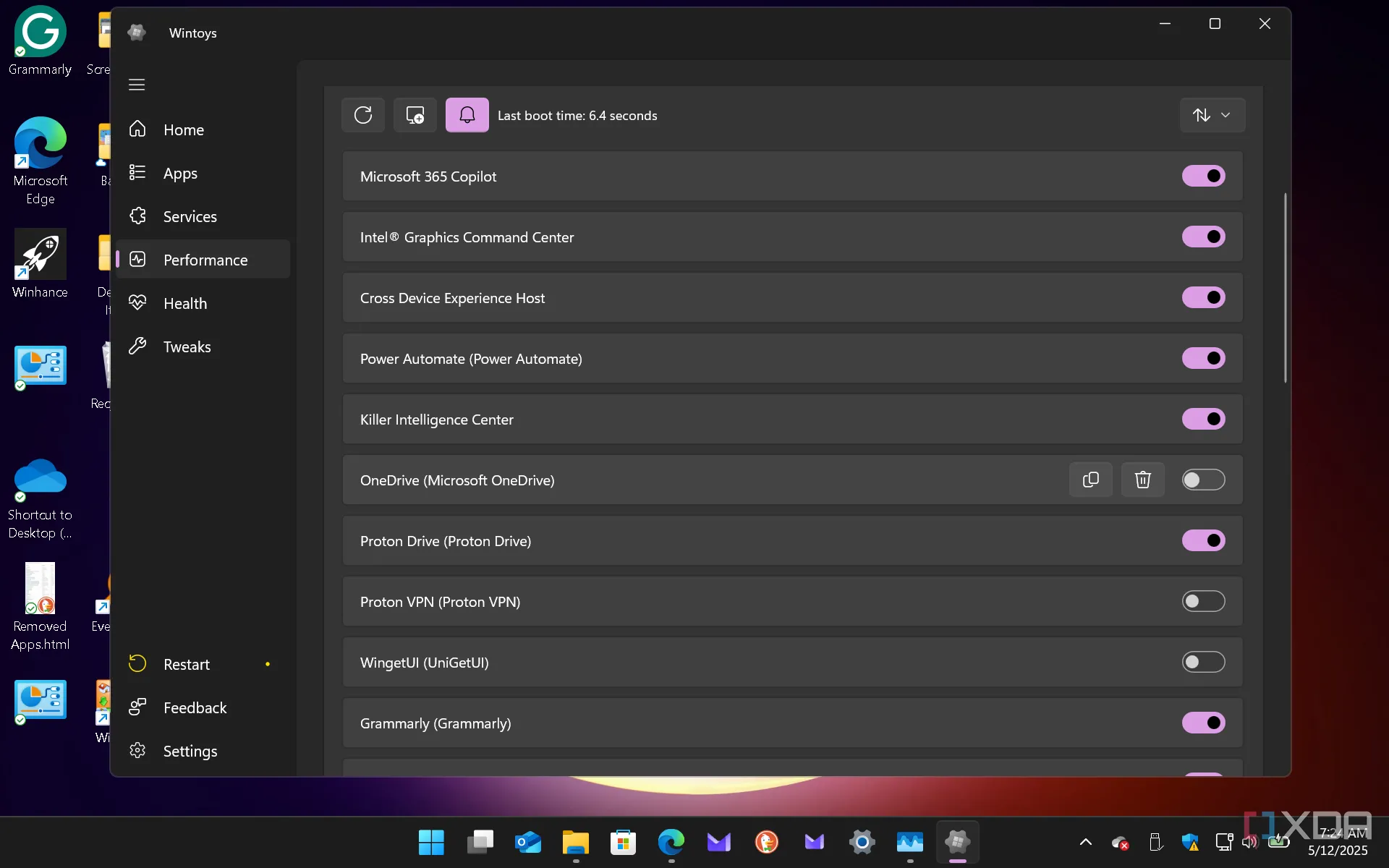 Giao diện mục Hiệu suất (Performance) trong ứng dụng Wintoys trên Windows 11