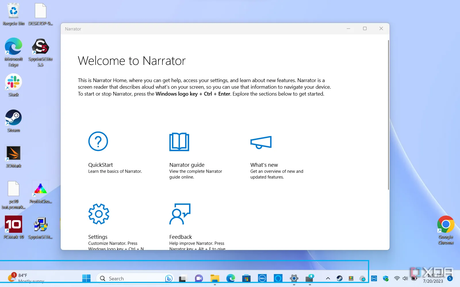 Giao diện Narrator của Windows 11 trên màn hình desktop