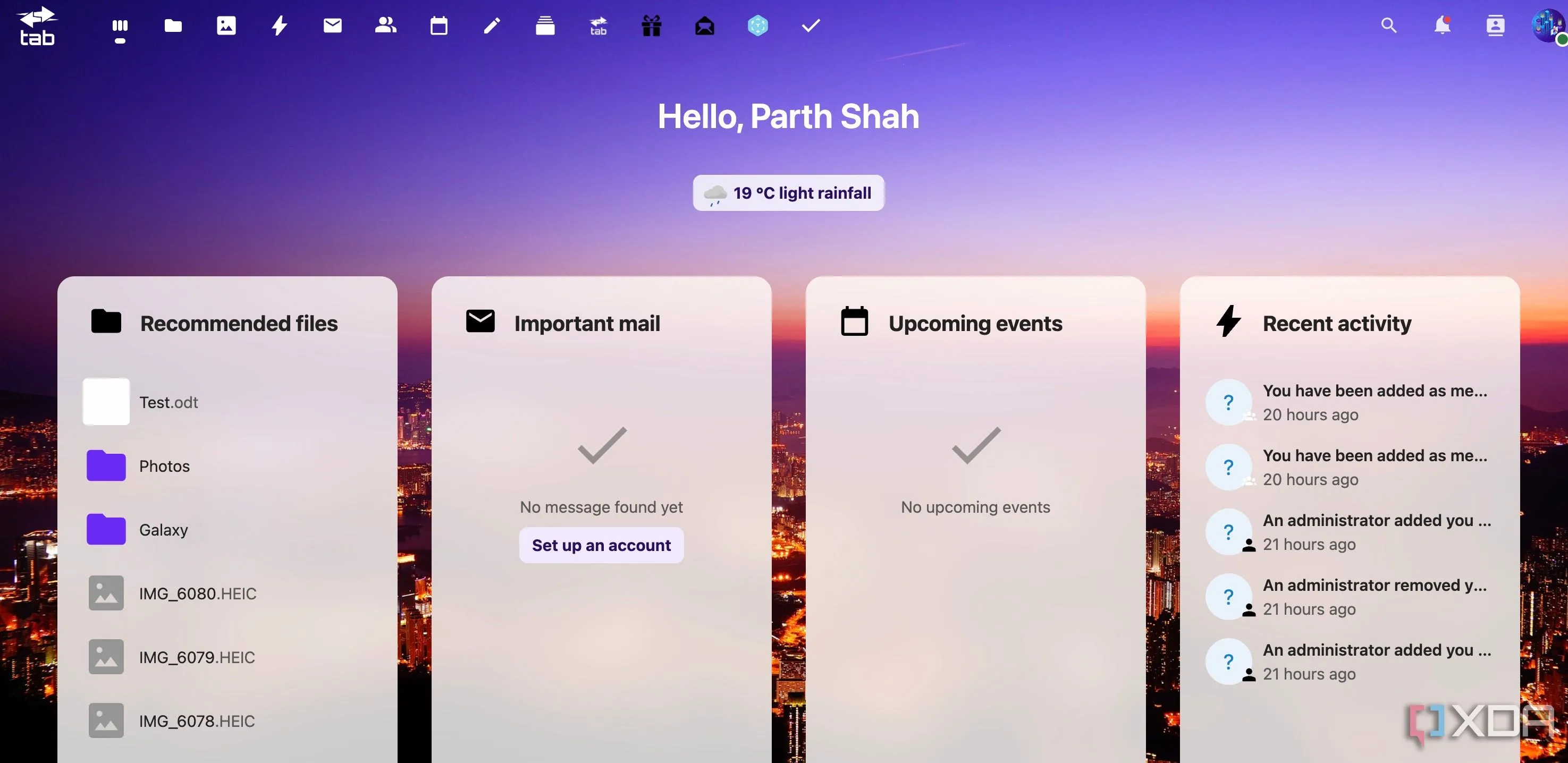Giao diện Nextcloud Home với các ứng dụng chính