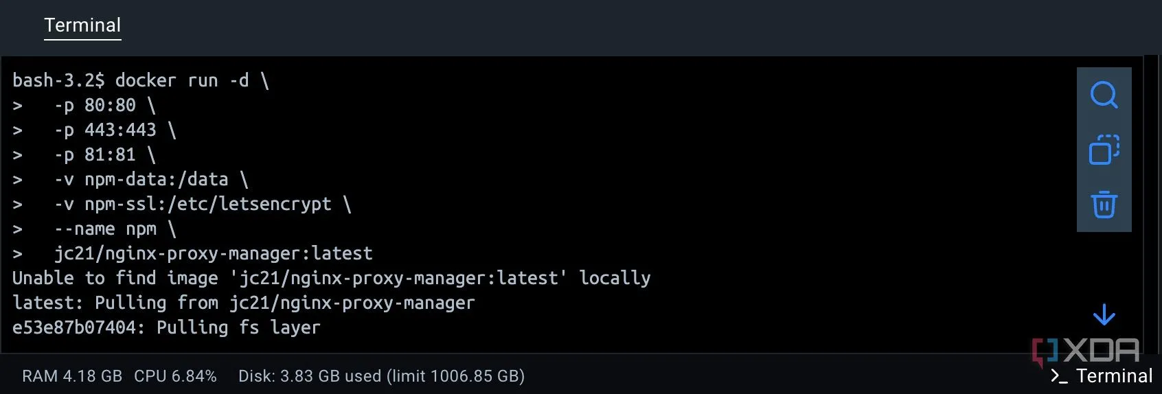 Giao diện Nginx Proxy Manager trong Docker, hiển thị cấu hình proxy host cho Obsidian