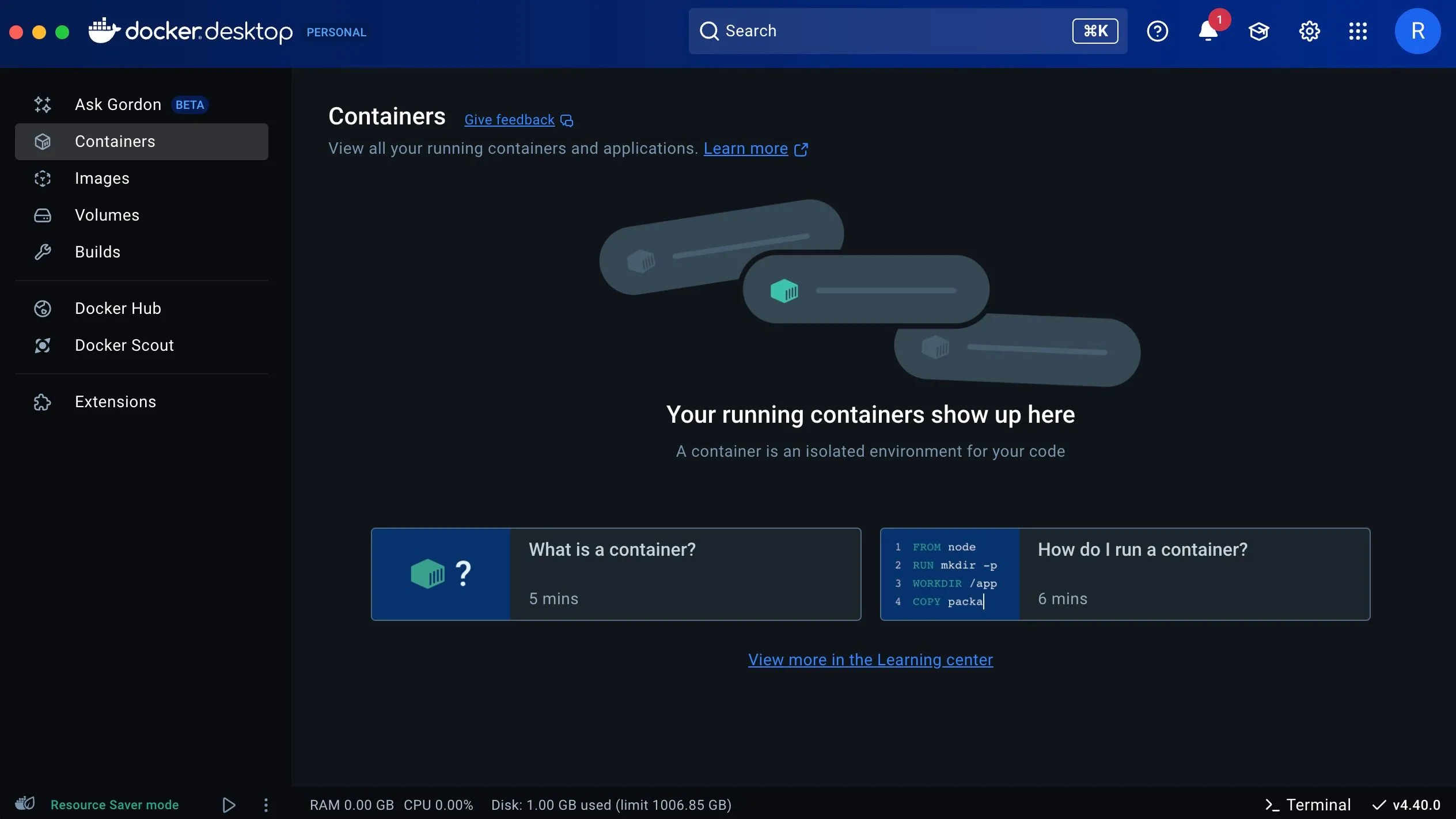Giao diện người dùng (UI) của Docker, minh họa sự phức tạp ban đầu đối với người mới bắt đầu.