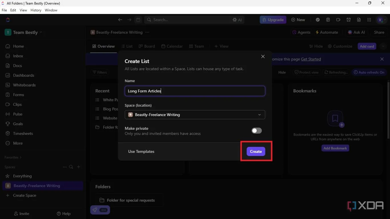 Giao diện nhập tên và tạo danh sách mới (list) trong ClickUp bằng cách nhấp &quot;Create&quot;.