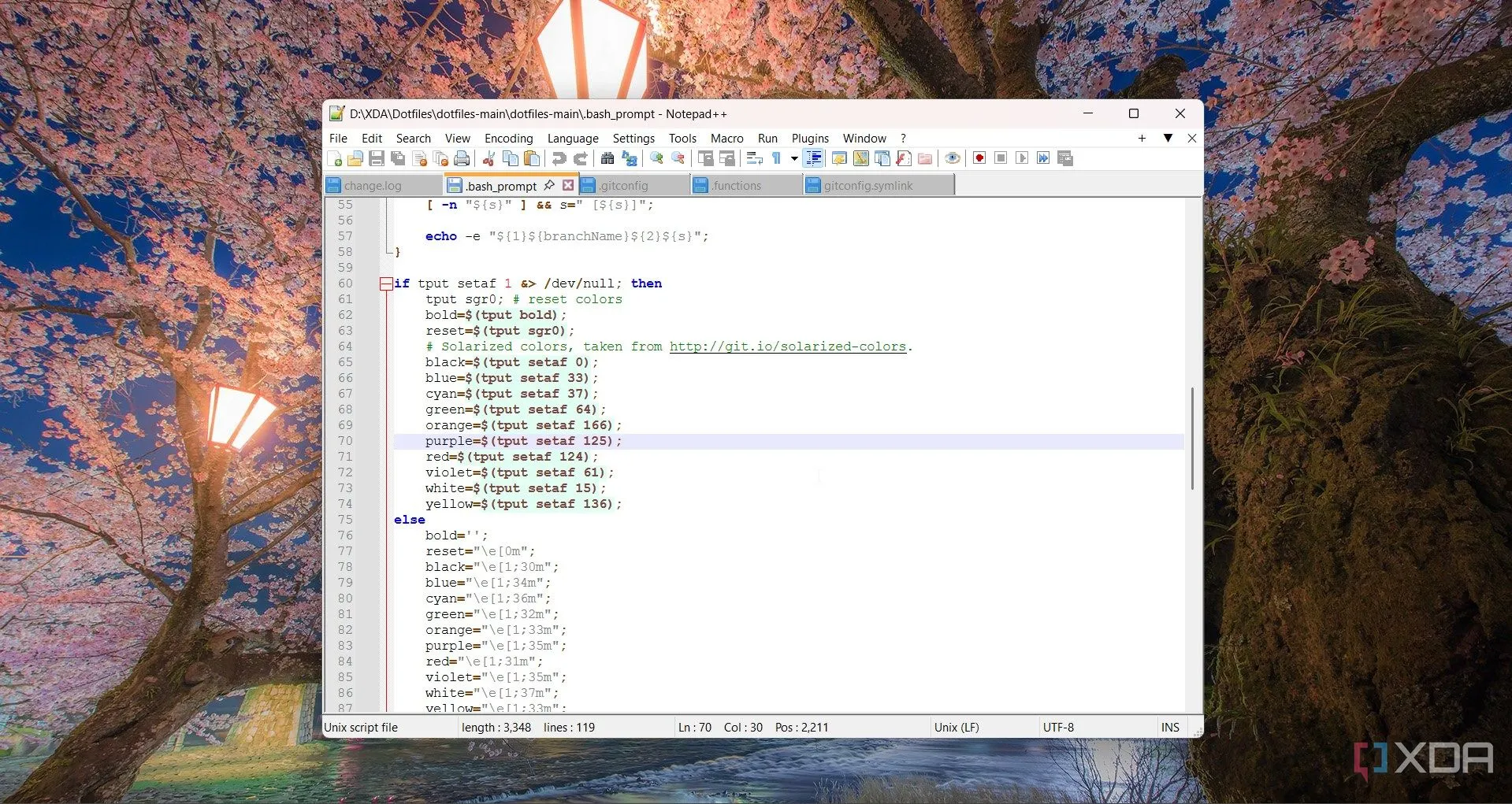 Giao diện Notepad++ hiển thị nội dung file cấu hình .bash_prompt, minh họa quá trình chỉnh sửa thủ công dotfiles, đòi hỏi thời gian và kiến thức kỹ thuật.