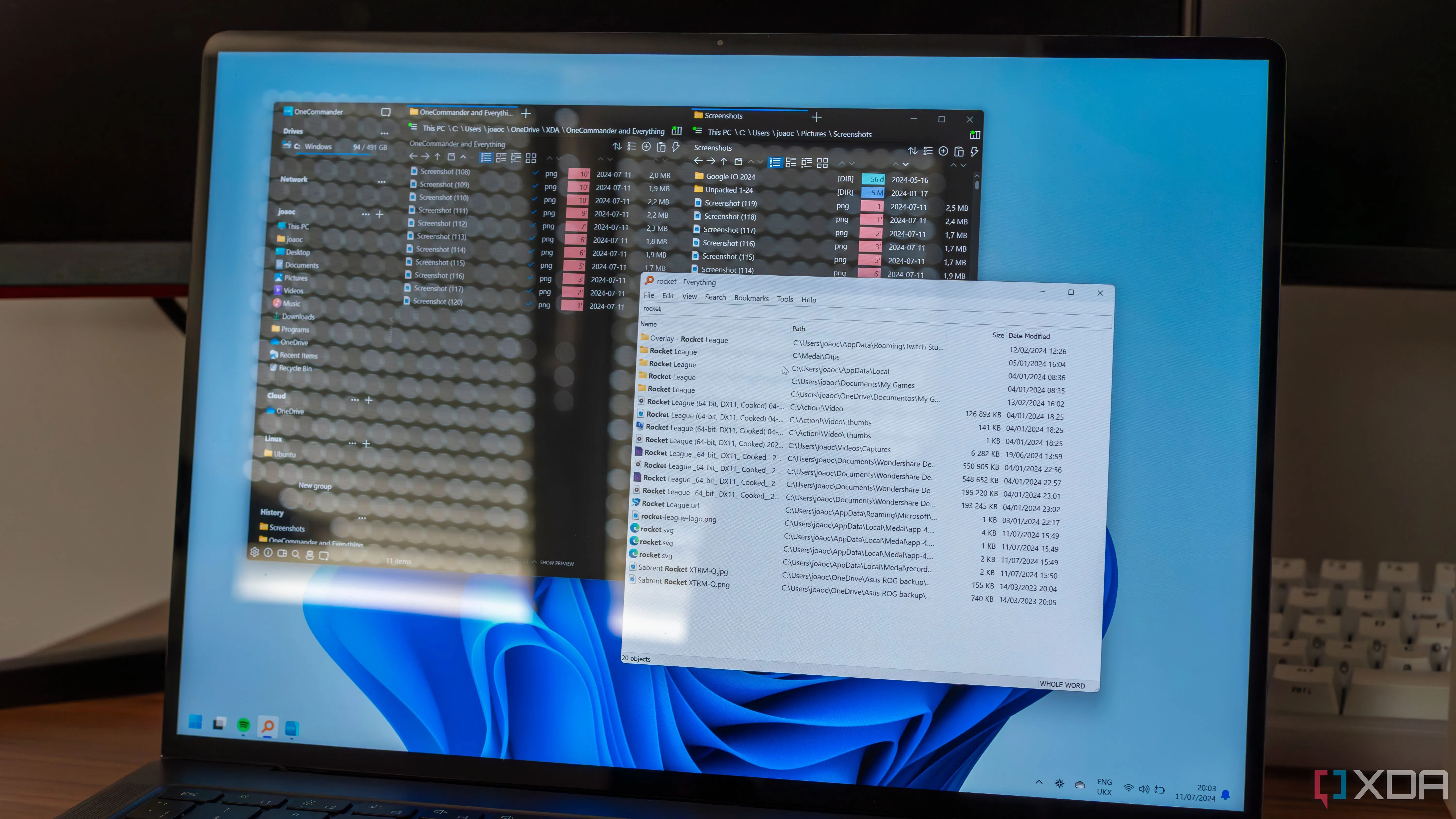 Giao diện OneCommander và Everything trên Windows 11, minh họa các công cụ tìm kiếm tệp tin vượt trội