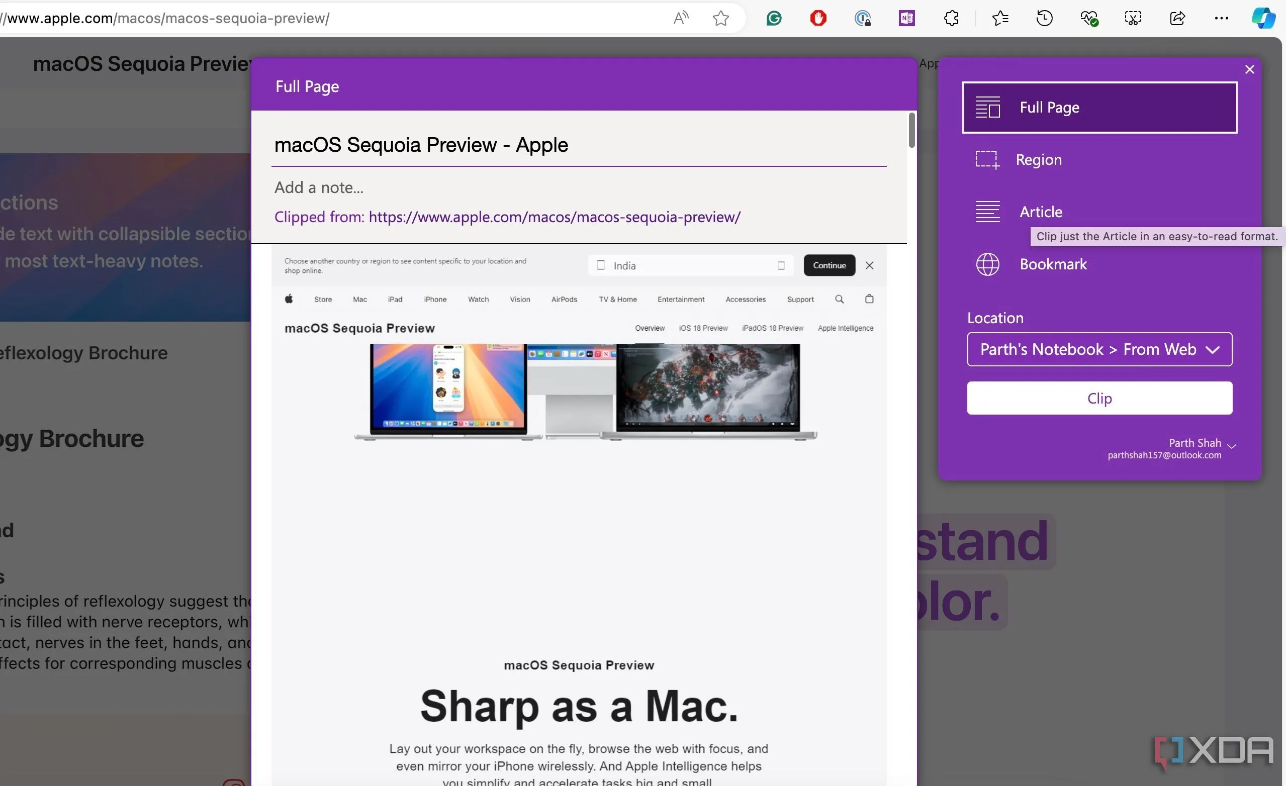 Giao diện OneNote Web Clipper trên trình duyệt, cho phép người dùng lưu trữ nhanh nội dung web vào OneNote.