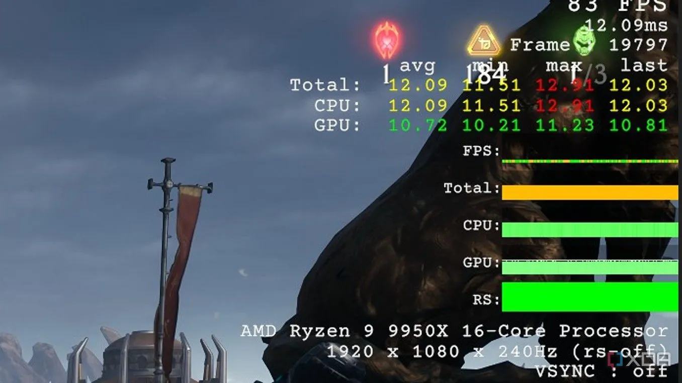Giao diện overlay hiệu năng của Doom The Dark Ages hiển thị CPU bottleneck trên hệ thống sử dụng card đồ họa RTX 4060