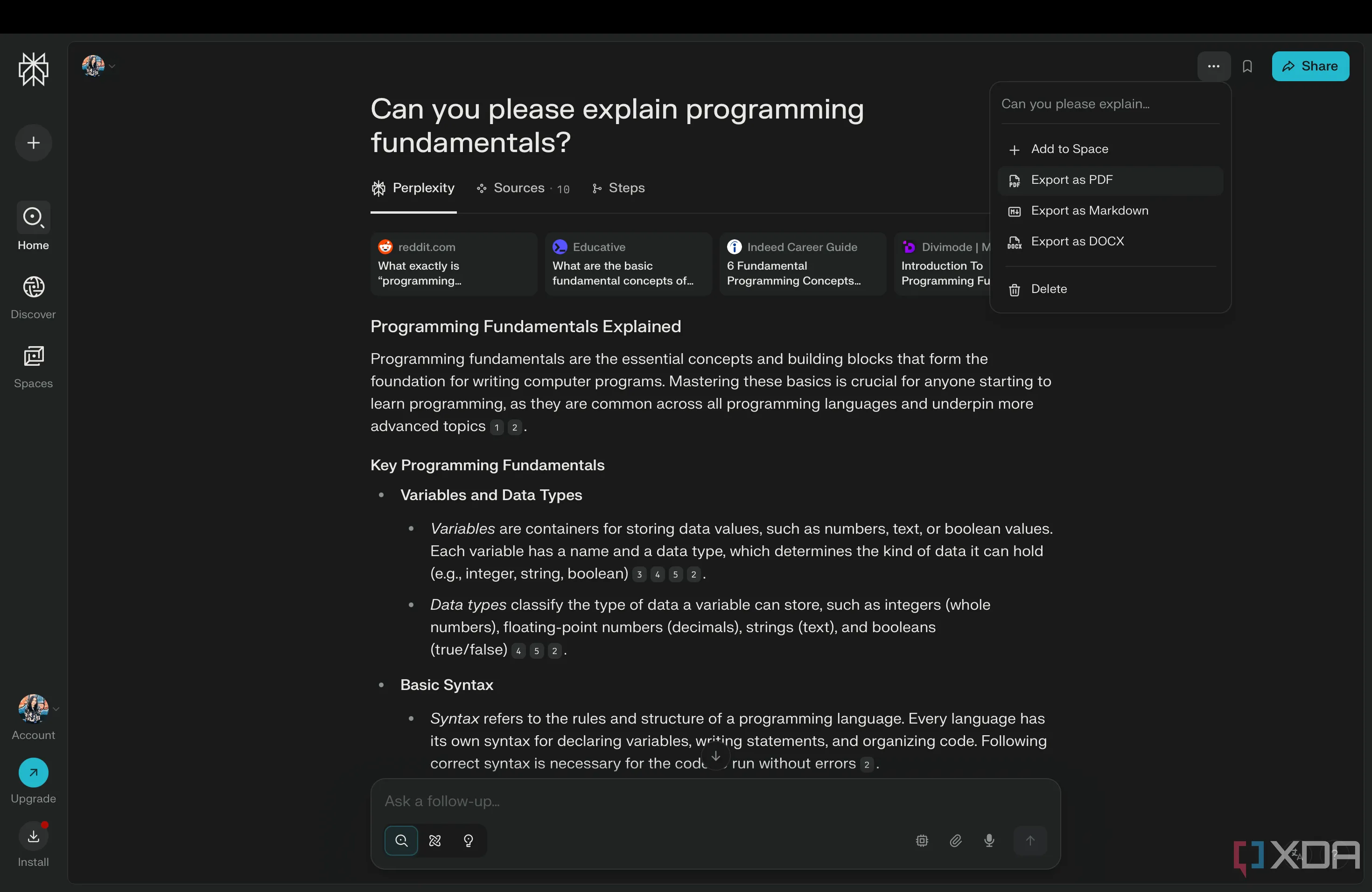Giao diện Perplexity AI hiển thị các tùy chọn xuất Thread dưới dạng PDF, Markdown hoặc DOCX, hỗ trợ lưu trữ tài liệu học tập.