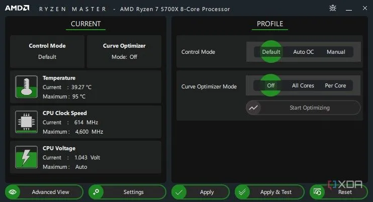 Giao diện phần mềm AMD Ryzen Master hiển thị nhiệt độ và thông số CPU