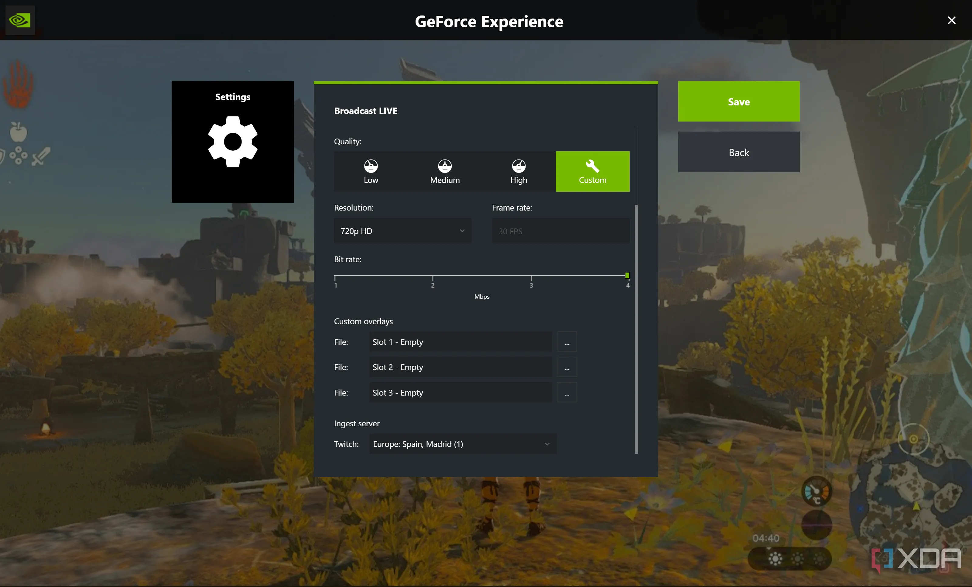 Giao diện phần mềm Nvidia Overlay hiển thị các tùy chọn cài đặt phát trực tiếp, chất lượng hình ảnh và lớp phủ tùy chỉnh cho buổi live stream game, làm nổi bật khả năng streaming của GPU Nvidia.