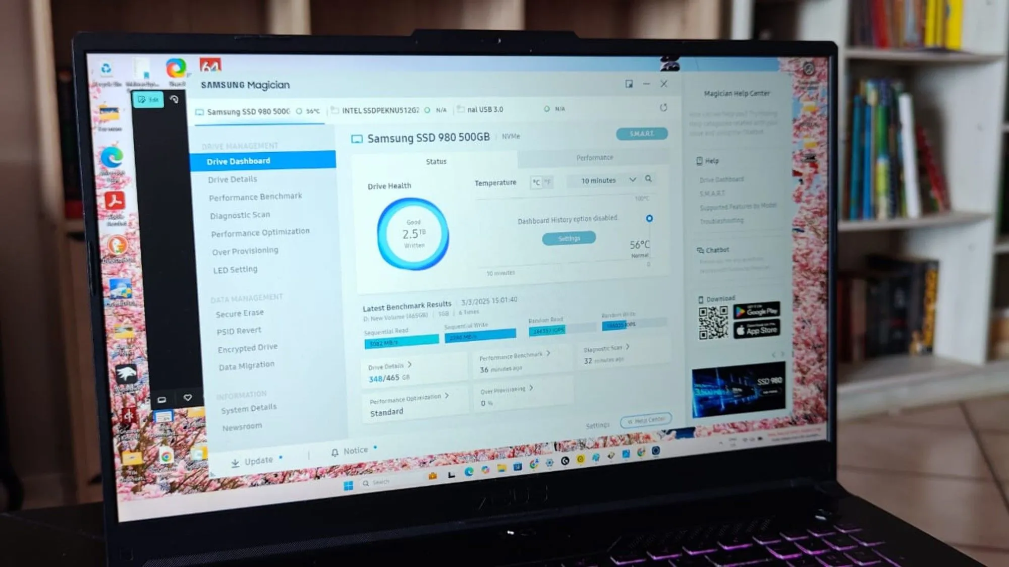Giao diện phần mềm Samsung Magician kiểm tra tình trạng SSD, giúp người dùng theo dõi sức khỏe ổ cứng và phát hiện sớm dấu hiệu hỏng hóc