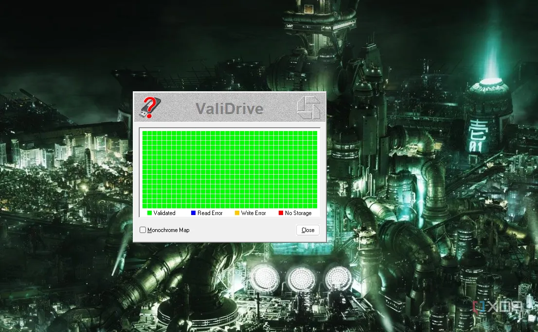 Giao diện phần mềm ValiDrive đang chạy kiểm tra dung lượng thực tế của ổ đĩa USB giả mạo