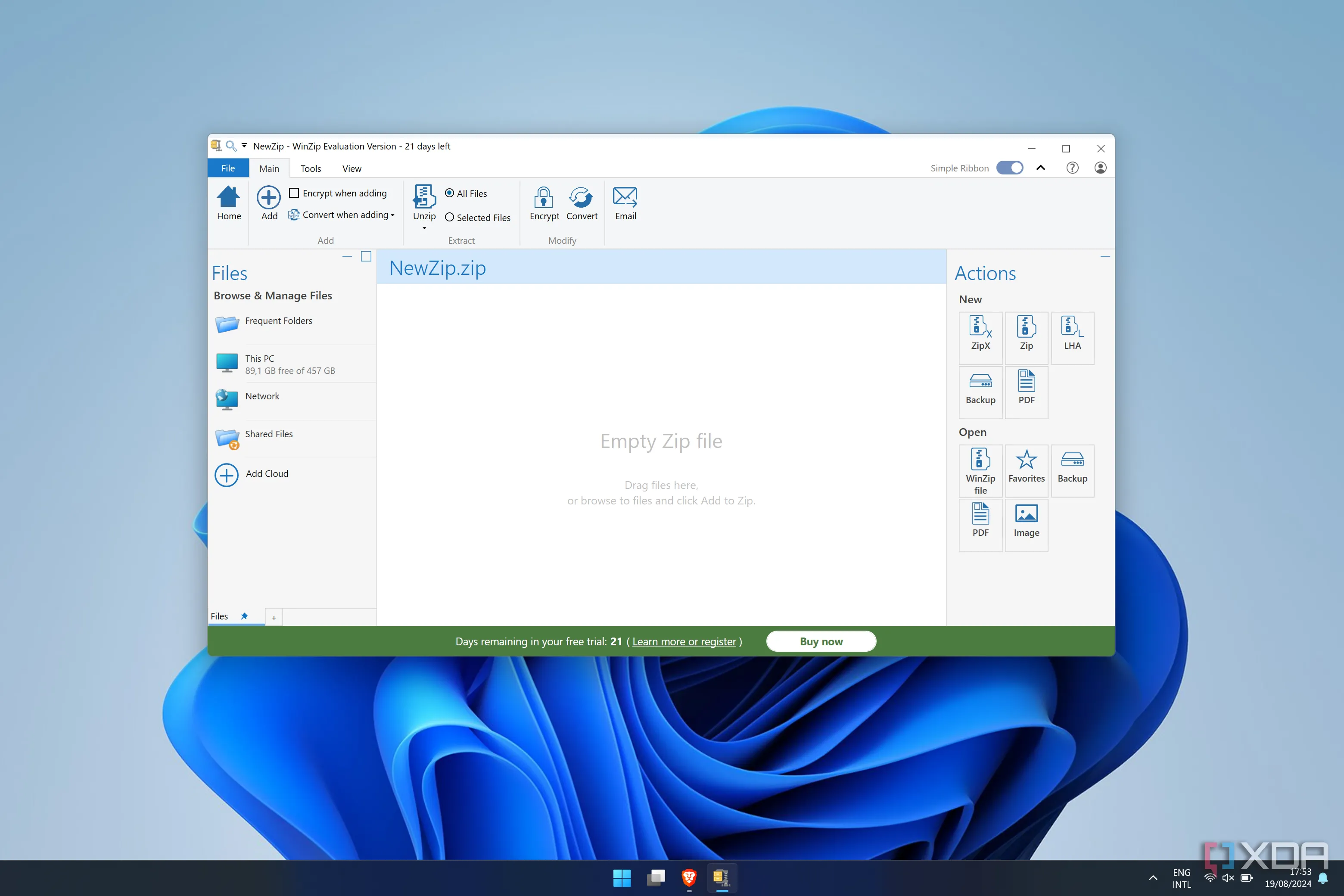 Giao diện phần mềm WinZip đang hoạt động trên hệ điều hành Windows 11