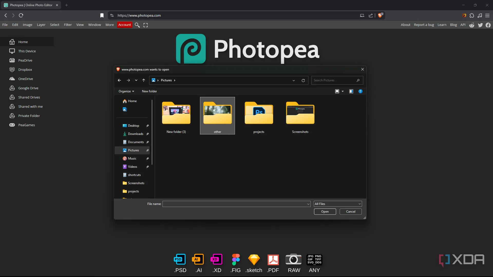 Giao diện Photopea hiển thị các tùy chọn tải lên file từ máy tính