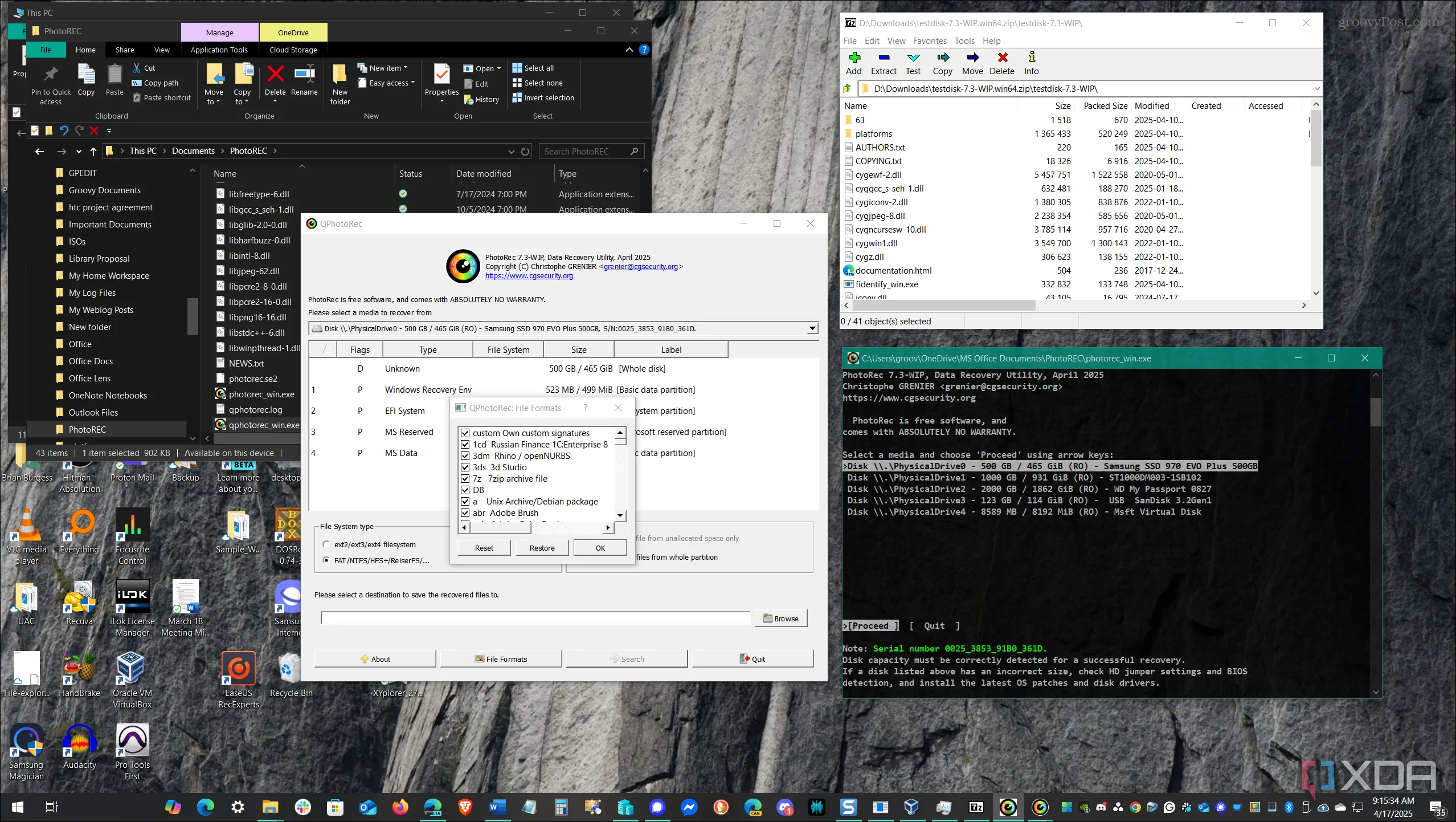 Giao diện PhotoRec đang chạy trên Windows với các tùy chọn khôi phục