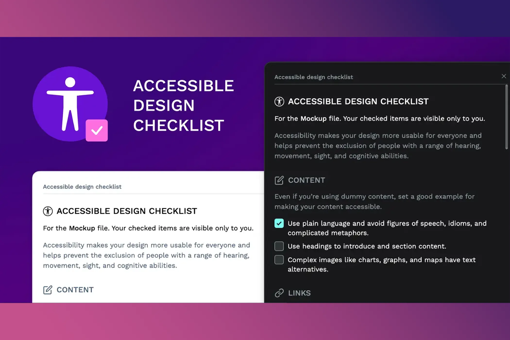 Giao diện plugin Accessible Design Checklist trong Penpot, hiển thị danh sách kiểm tra các tiêu chí thiết kế dễ tiếp cận để đảm bảo chuẩn mực UX/UI