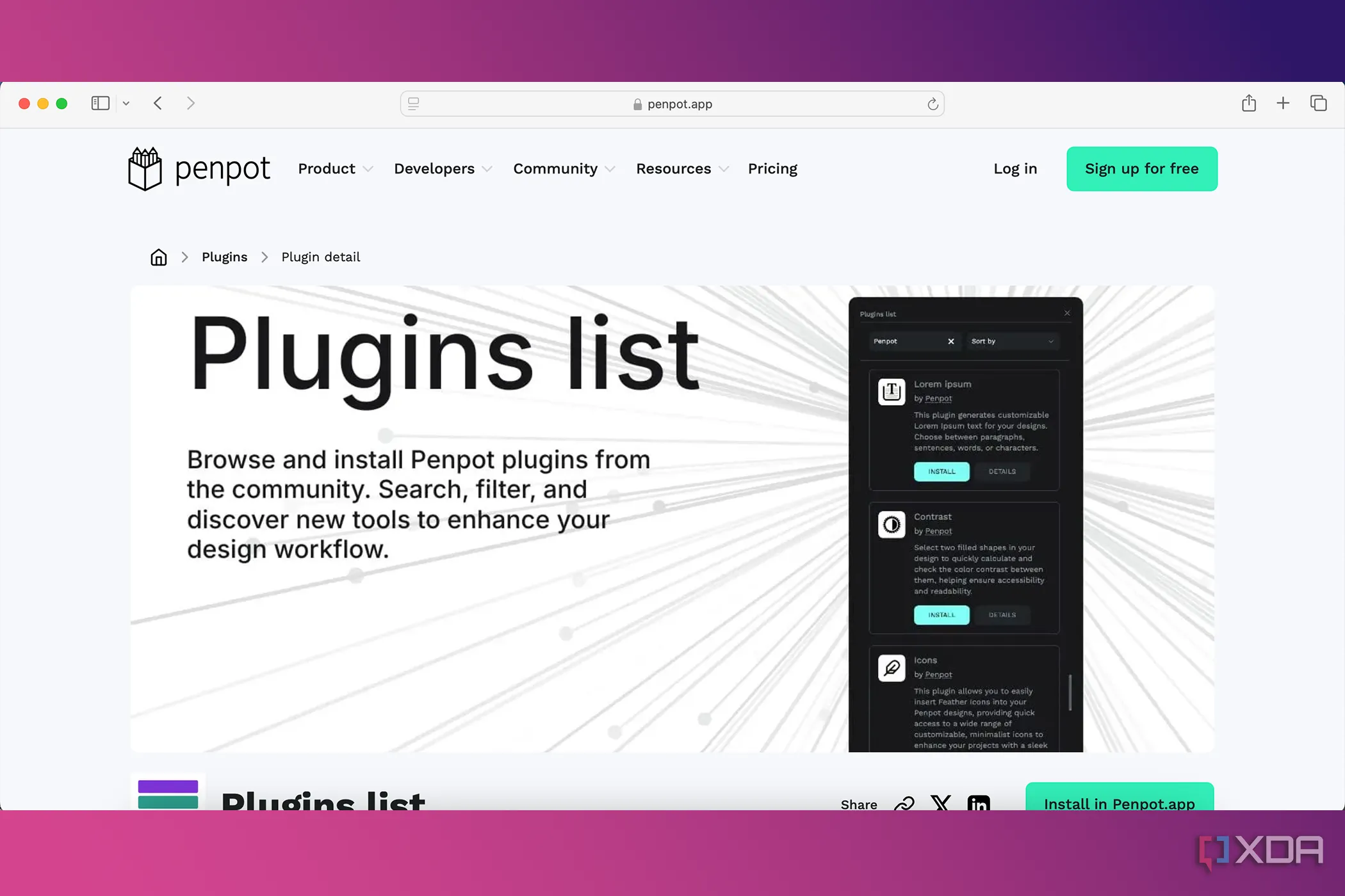 Giao diện plugin Plugins List trong Penpot, hiển thị danh sách các plugin có sẵn và chức năng quản lý, tìm kiếm