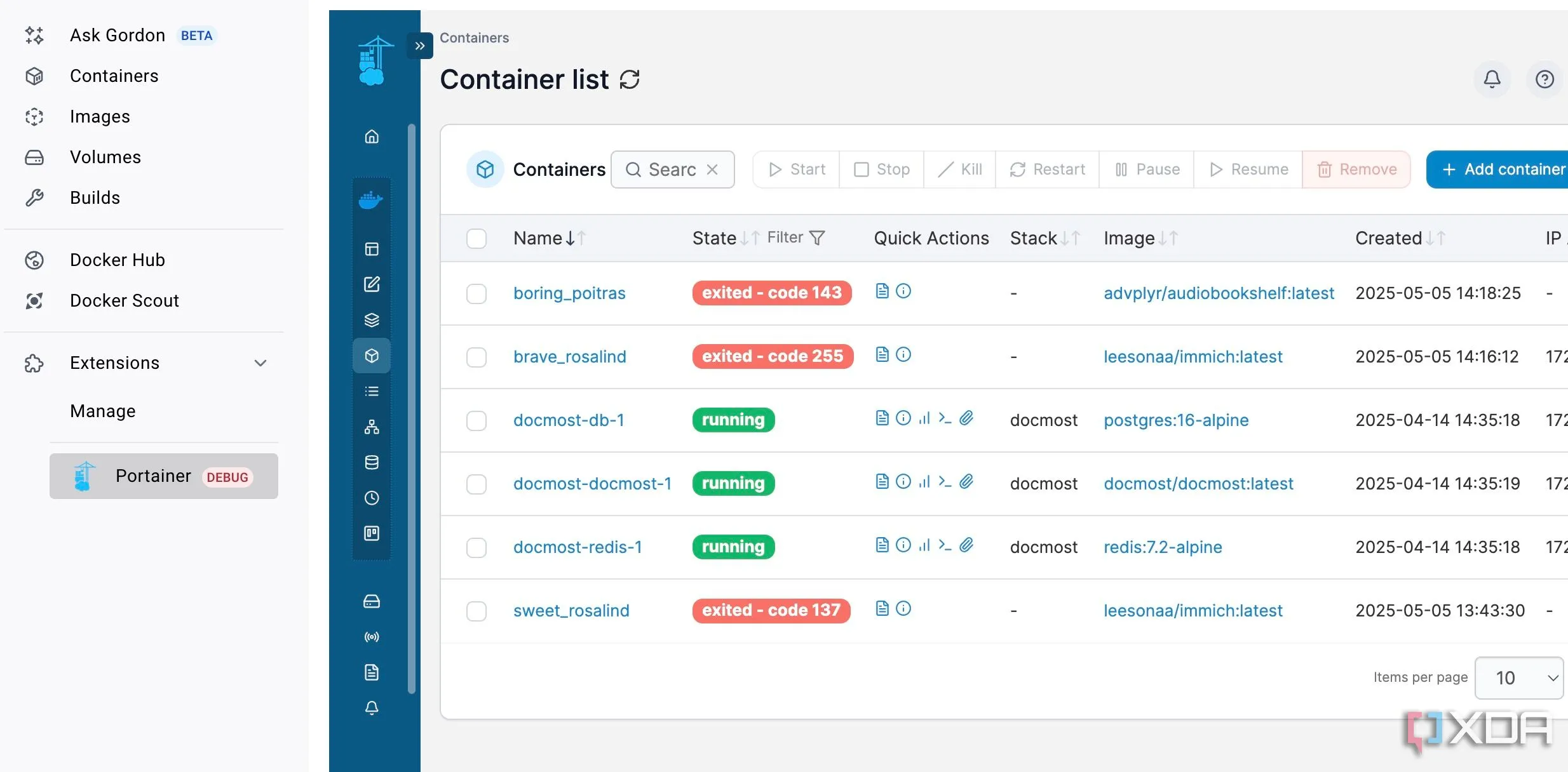 Giao diện Portainer tích hợp bên trong Docker Desktop giúp quản lý container trực quan