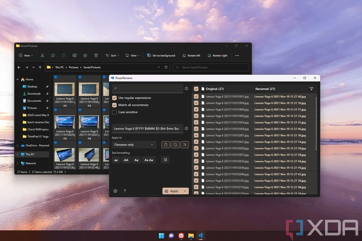 Giao diện PowerRename của PowerToys trên nền desktop Windows 11 giúp đổi tên tệp tin hàng loạt