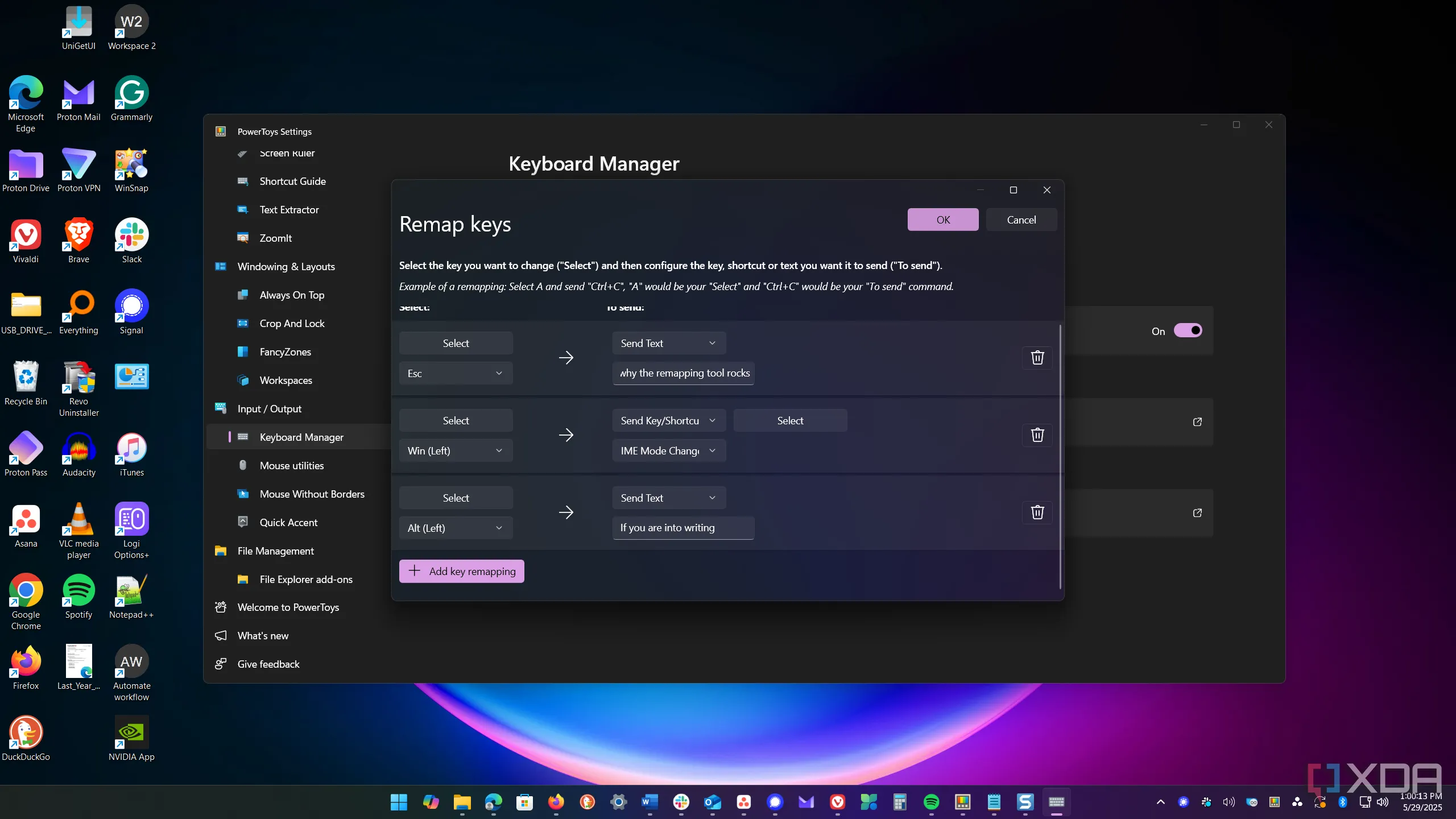 Giao diện PowerToys Keyboard Manager hiển thị tùy chọn gán lại phím tắt trên Windows.