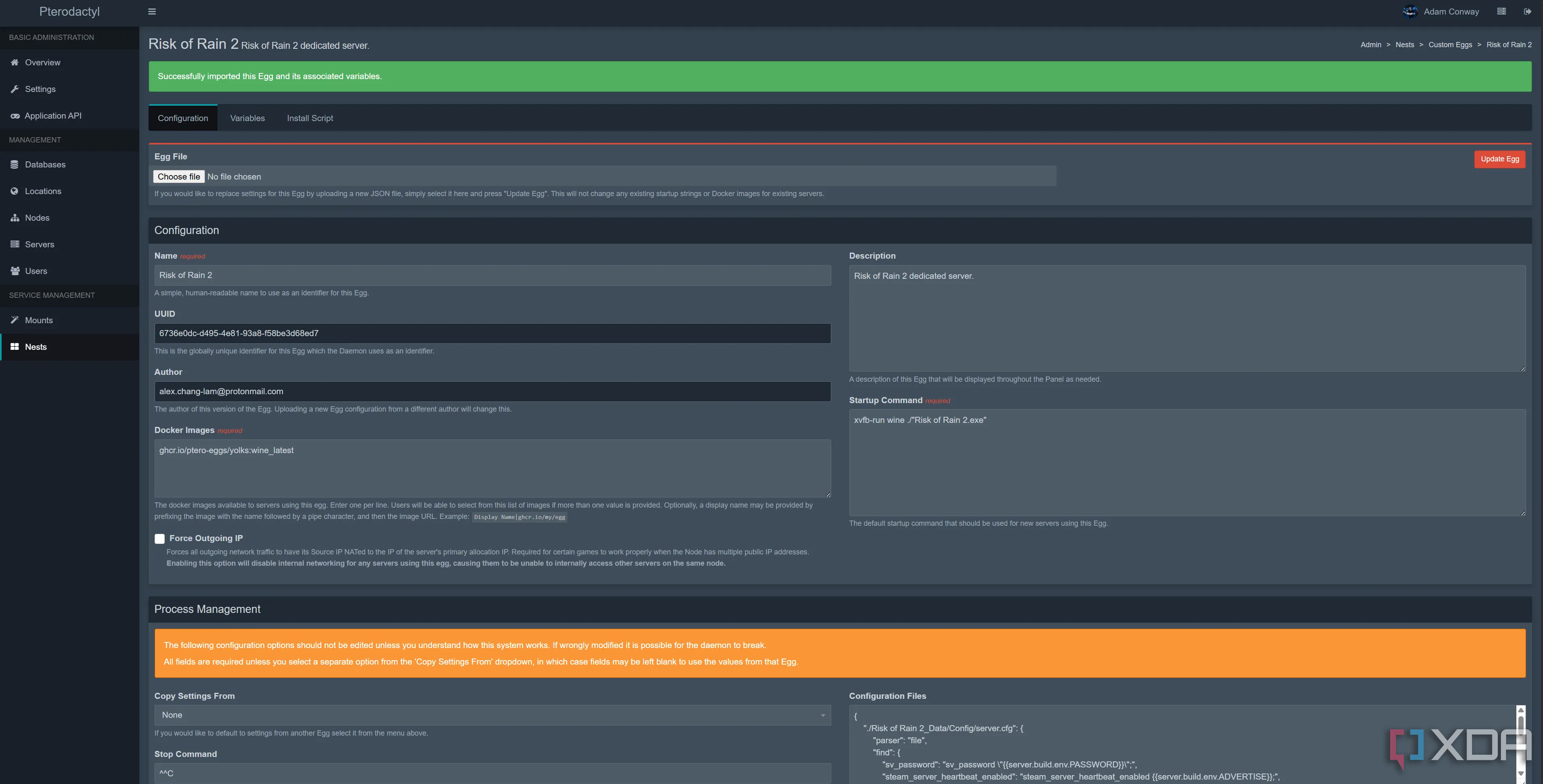 Giao diện Pterodactyl Panel cho phép nhập &quot;Egg&quot; cấu hình máy chủ Risk of Rain 2