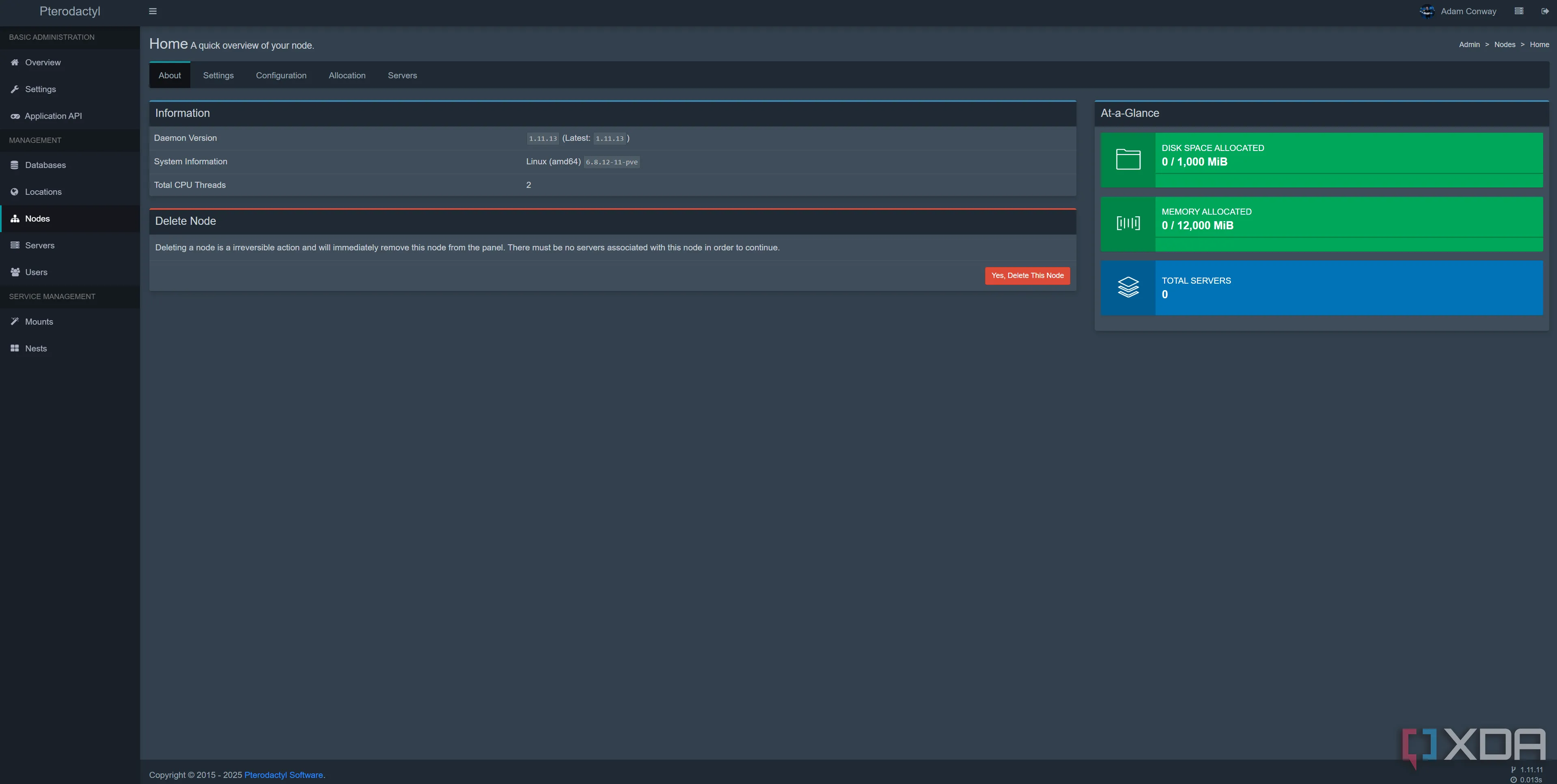 Giao diện Pterodactyl Panel hiển thị trạng thái kết nối thành công của các Wings node