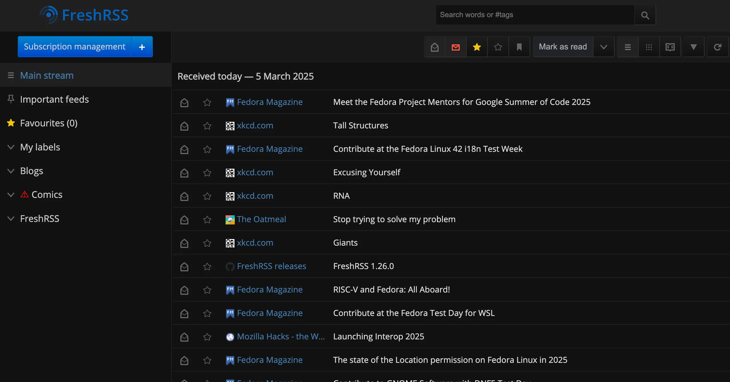 Giao diện quản lý các nguồn cấp dữ liệu RSS (Feeds) trong trình duyệt Vivaldi