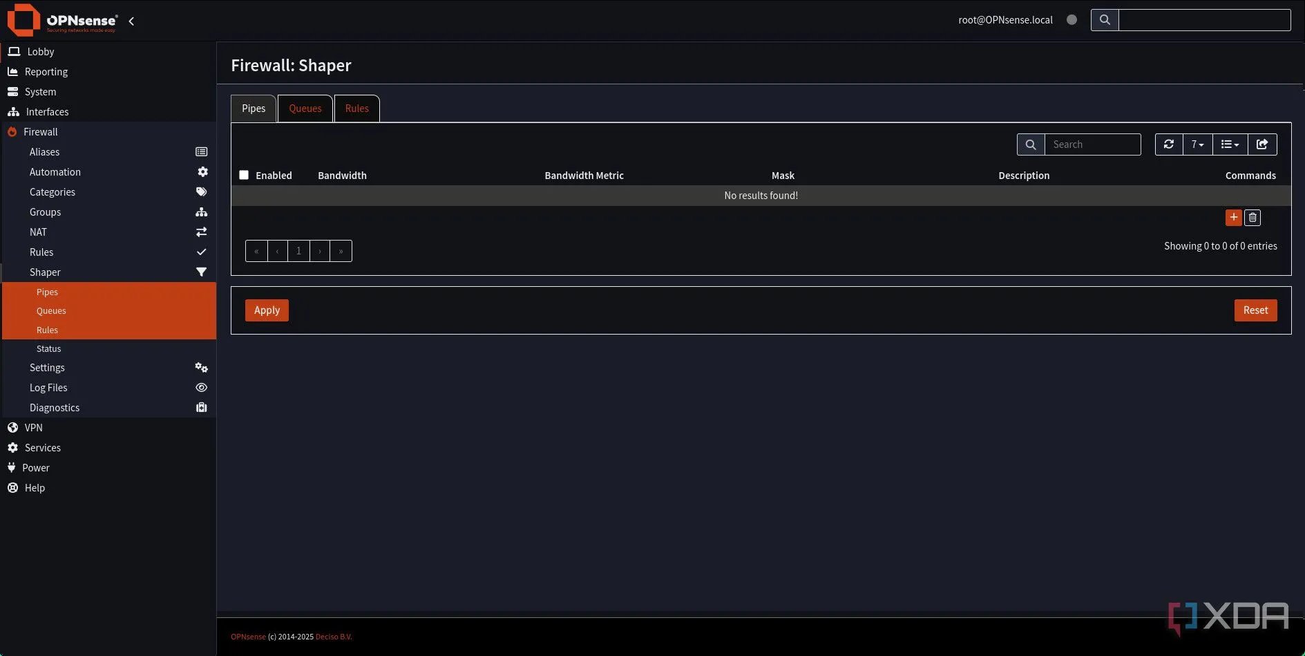 Giao diện quản lý Pipes trong Traffic Shaper của OPNsense, nơi thêm các đường ống băng thông