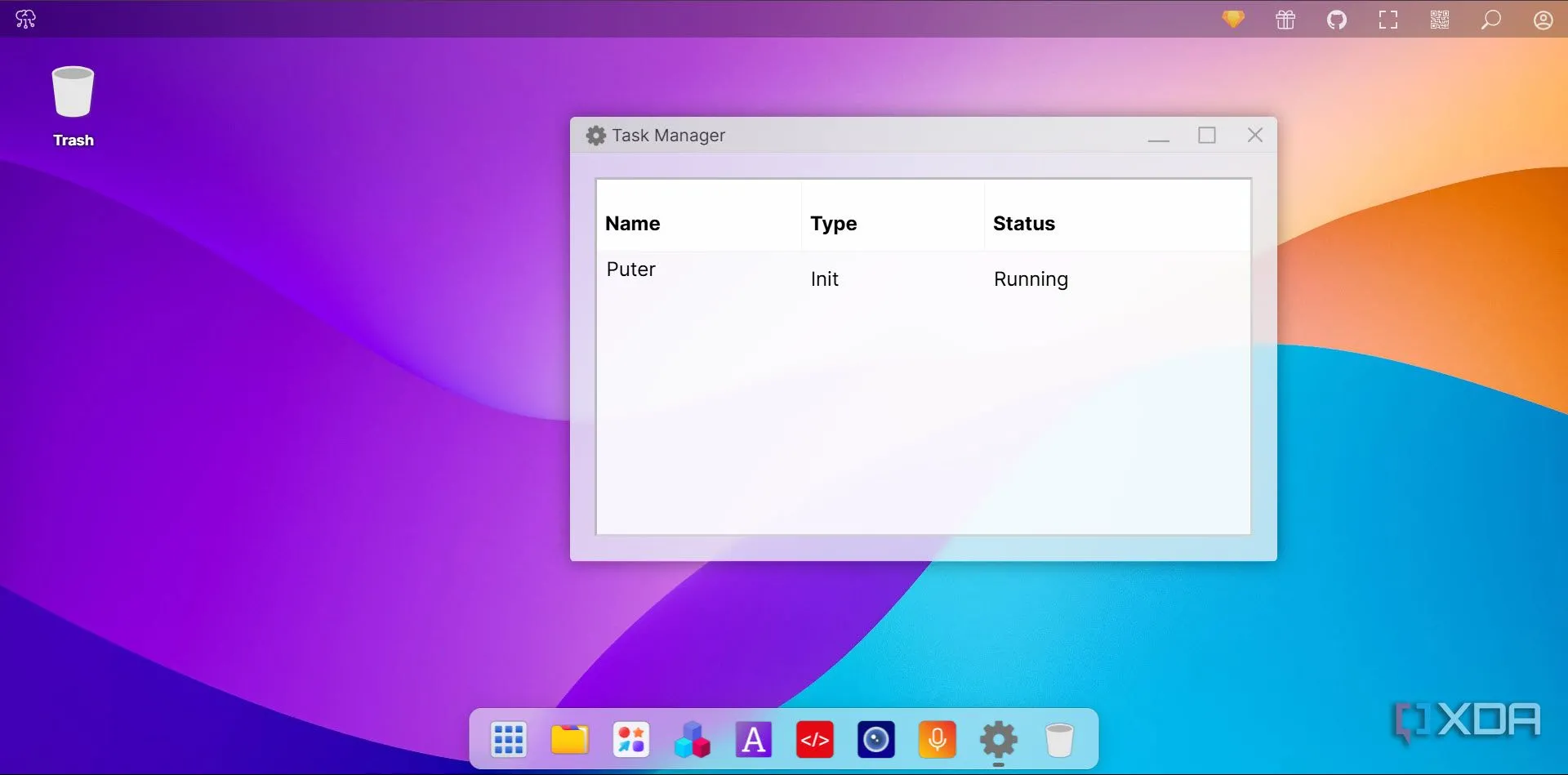 Giao diện quản lý tác vụ (Task Manager) của Puter hiển thị các ứng dụng đang chạy và tài nguyên hệ thống