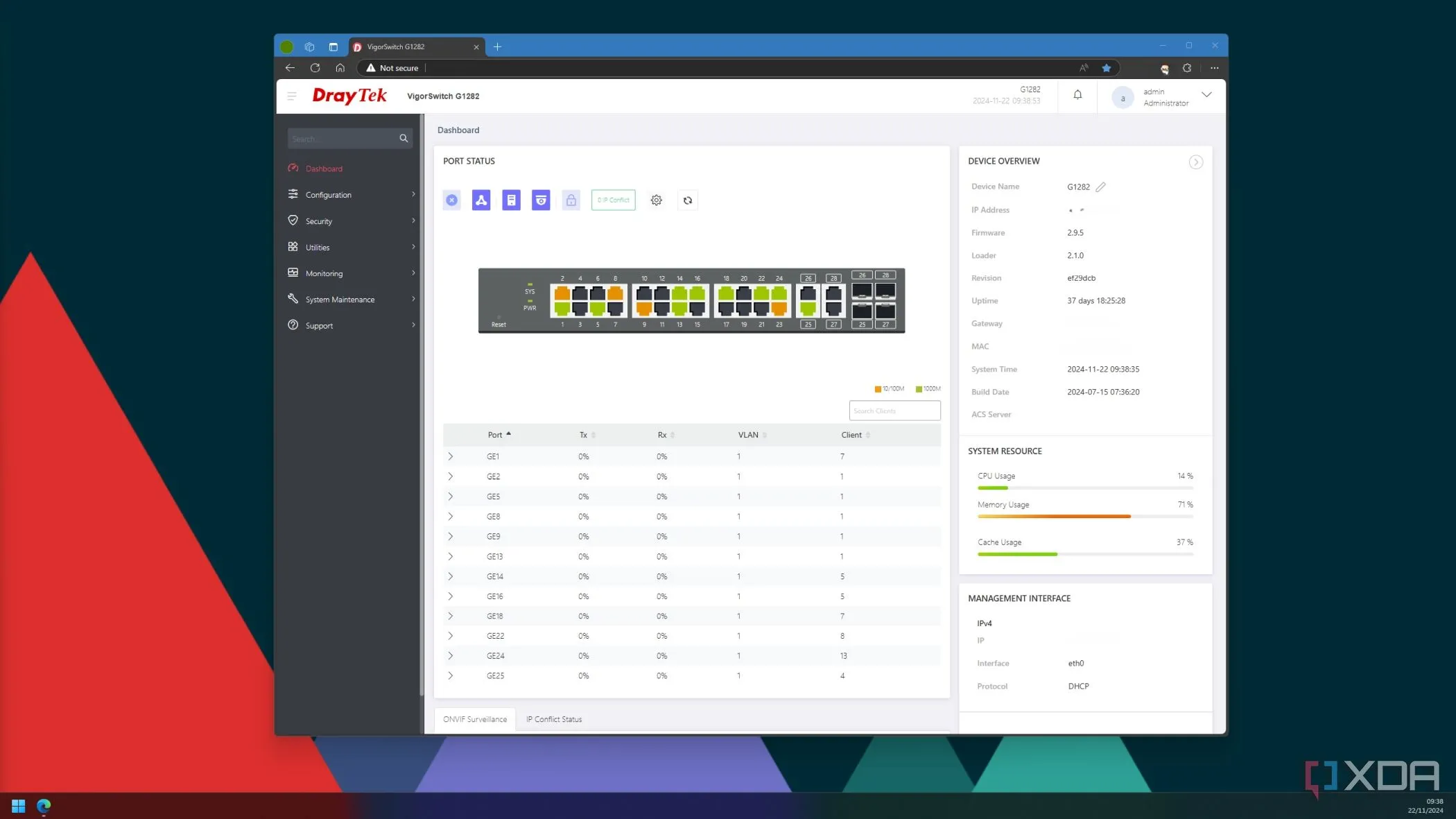 Giao diện quản lý web của switch hiển thị thông tin và trạng thái các cổng mạng