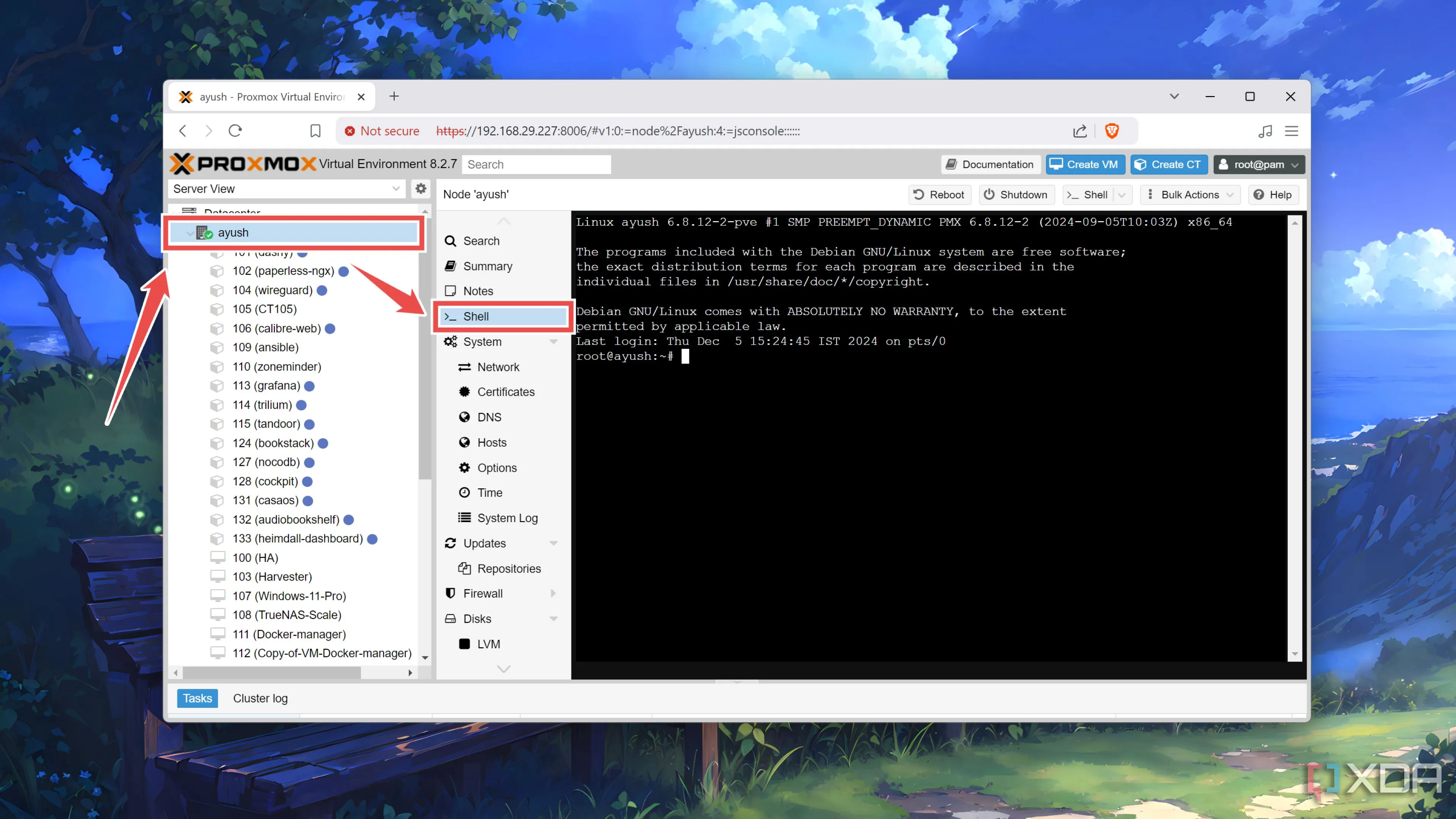 Giao diện Shell trên Proxmox, thể hiện khả năng quản lý và chạy nhiều dịch vụ cùng lúc với OPNsense ảo hóa