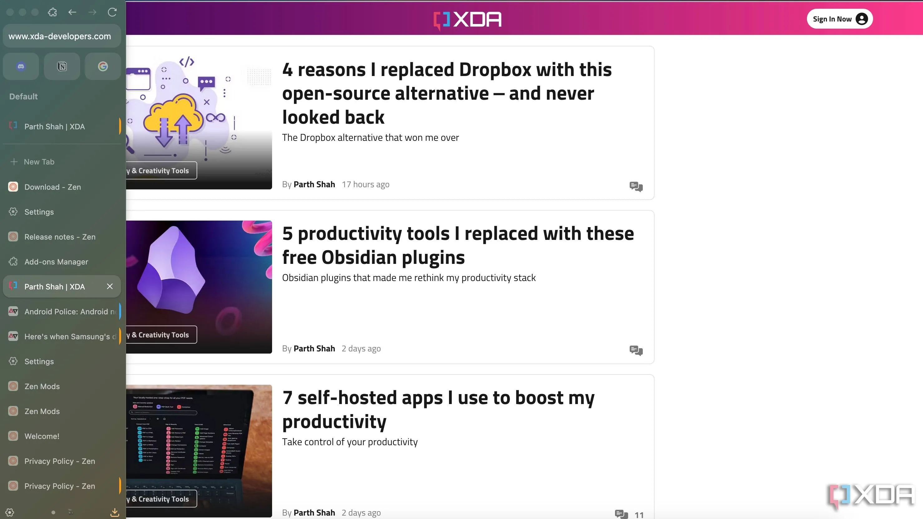 Giao diện sidebar dọc của Zen Browser hiển thị các tab, mục yêu thích và cài đặt với chủ đề gradient hiện đại