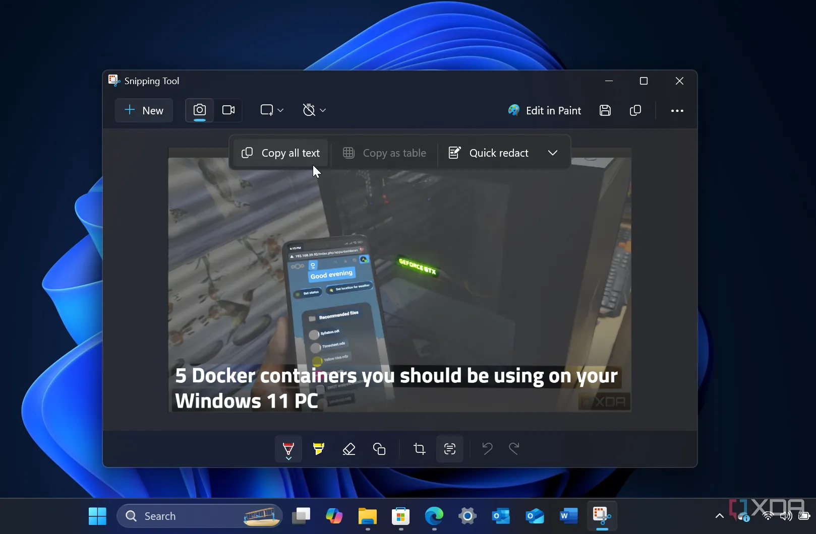 Giao diện Snipping Tool trên Windows 11 đang sử dụng tính năng nhận diện và sao chép văn bản (OCR) từ ảnh chụp màn hình