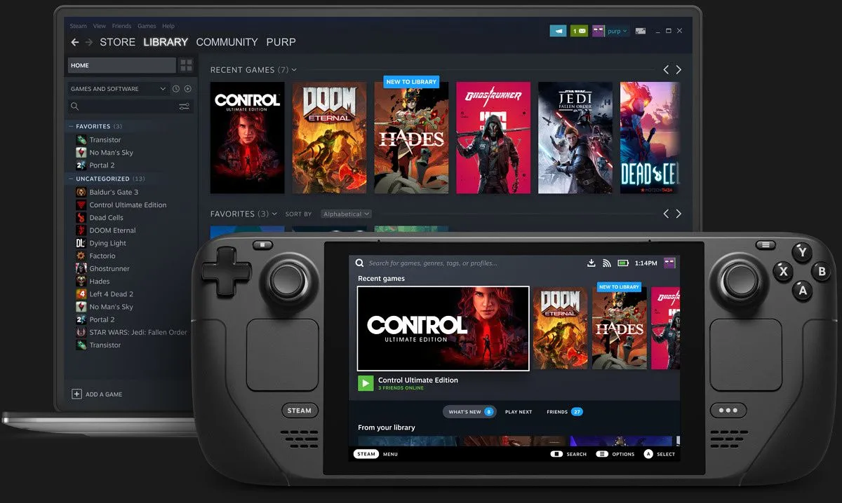 Giao diện SteamOS trên Steam Deck và Steam trên laptop, minh họa sự tiện lợi của hệ sinh thái game PC