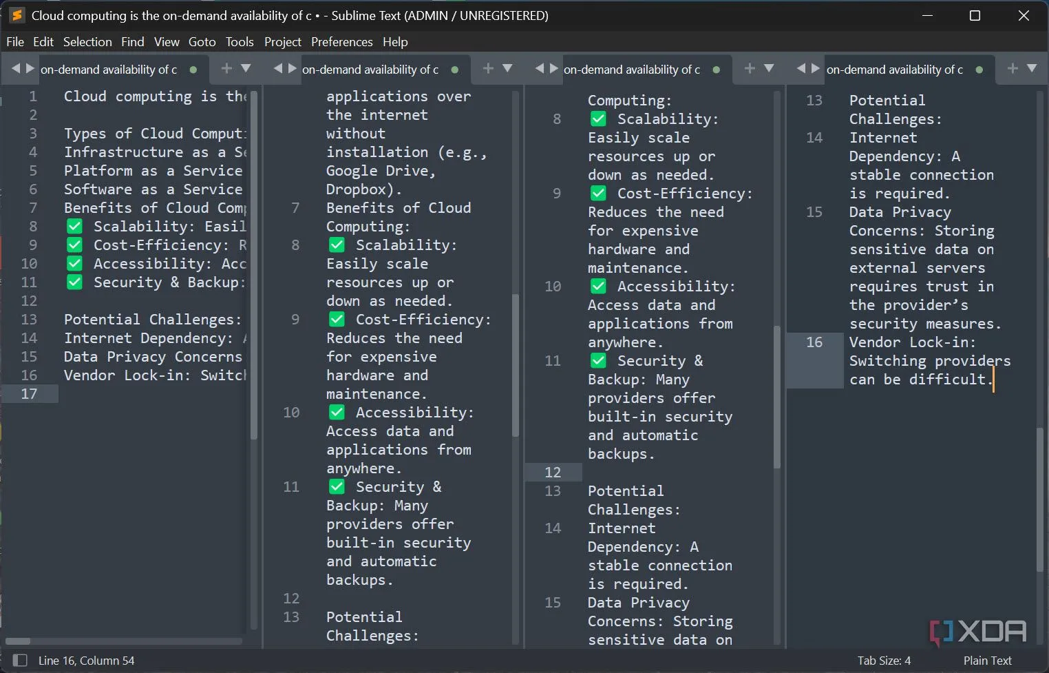 Giao diện Sublime Text với 4 cột hiển thị nội dung