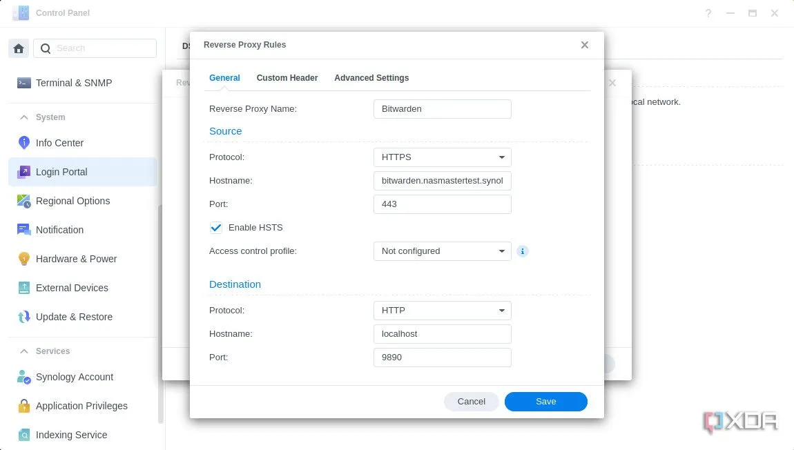 Giao diện Synology DSM 7 hiển thị cài đặt Reverse Proxy, chuẩn bị cấu hình các ứng dụng self-hosted