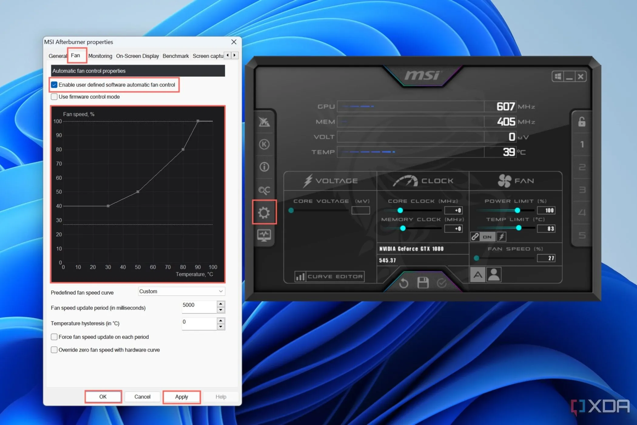 Giao diện tab &quot;Fan&quot; trong phần cài đặt của MSI Afterburner, hiển thị các tùy chọn để điều chỉnh đường cong tốc độ quạt GPU.