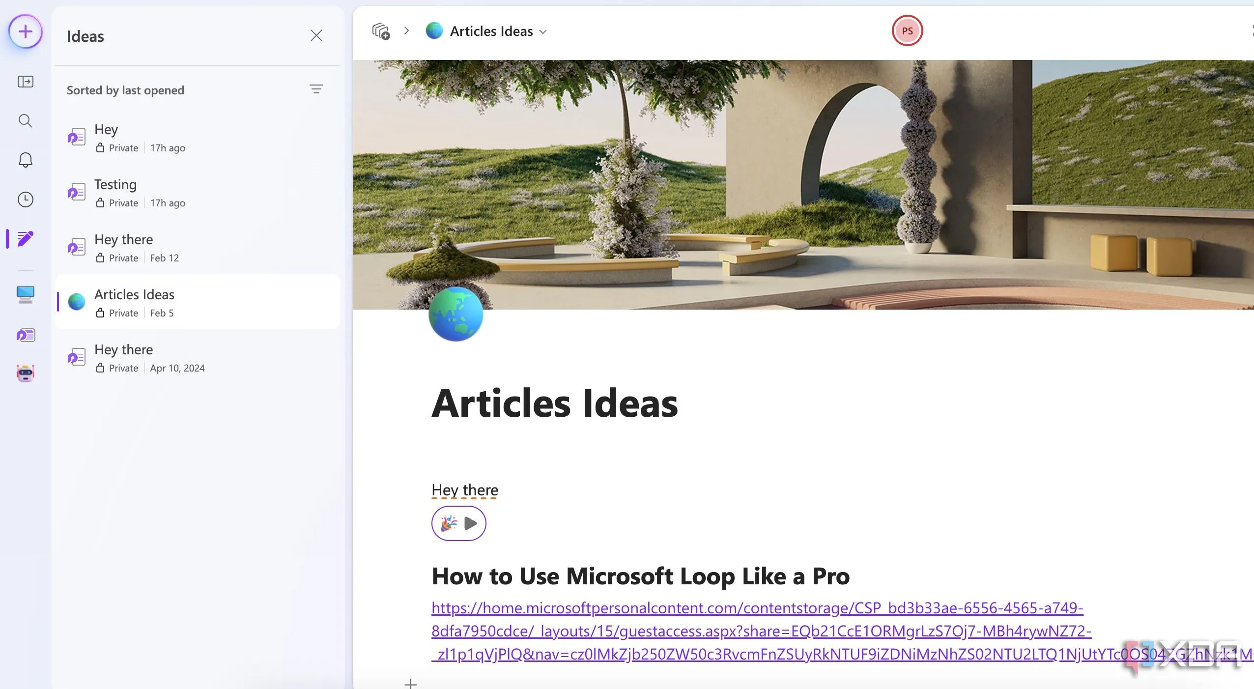 Giao diện tab Ideas của Microsoft Loop giúp ghi chú nhanh chóng, không bị áp lực phân loại
