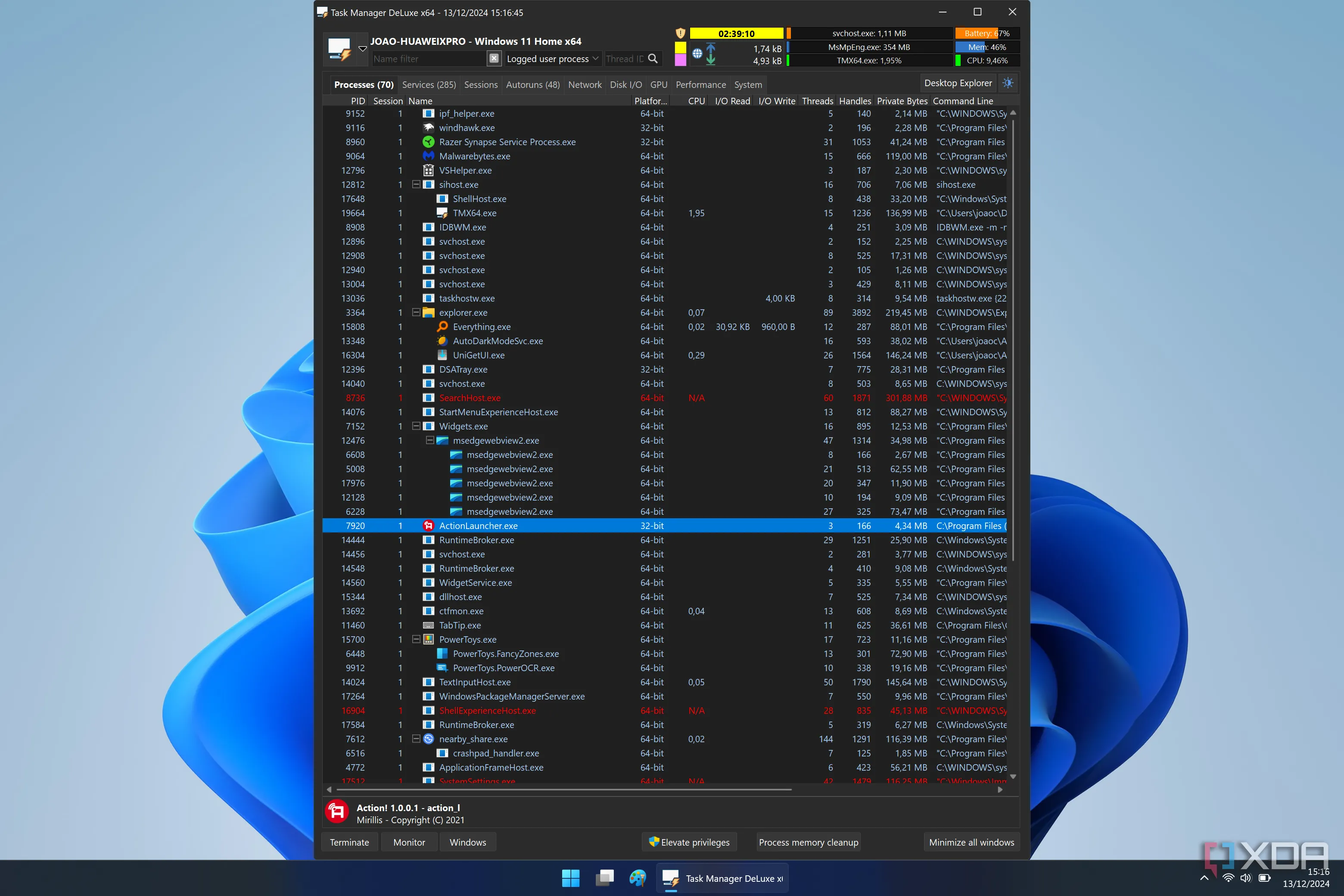 Giao diện tab Processes của Task Manager DeLuxe hiển thị thông tin chi tiết về các tiến trình hệ thống, CPU, RAM