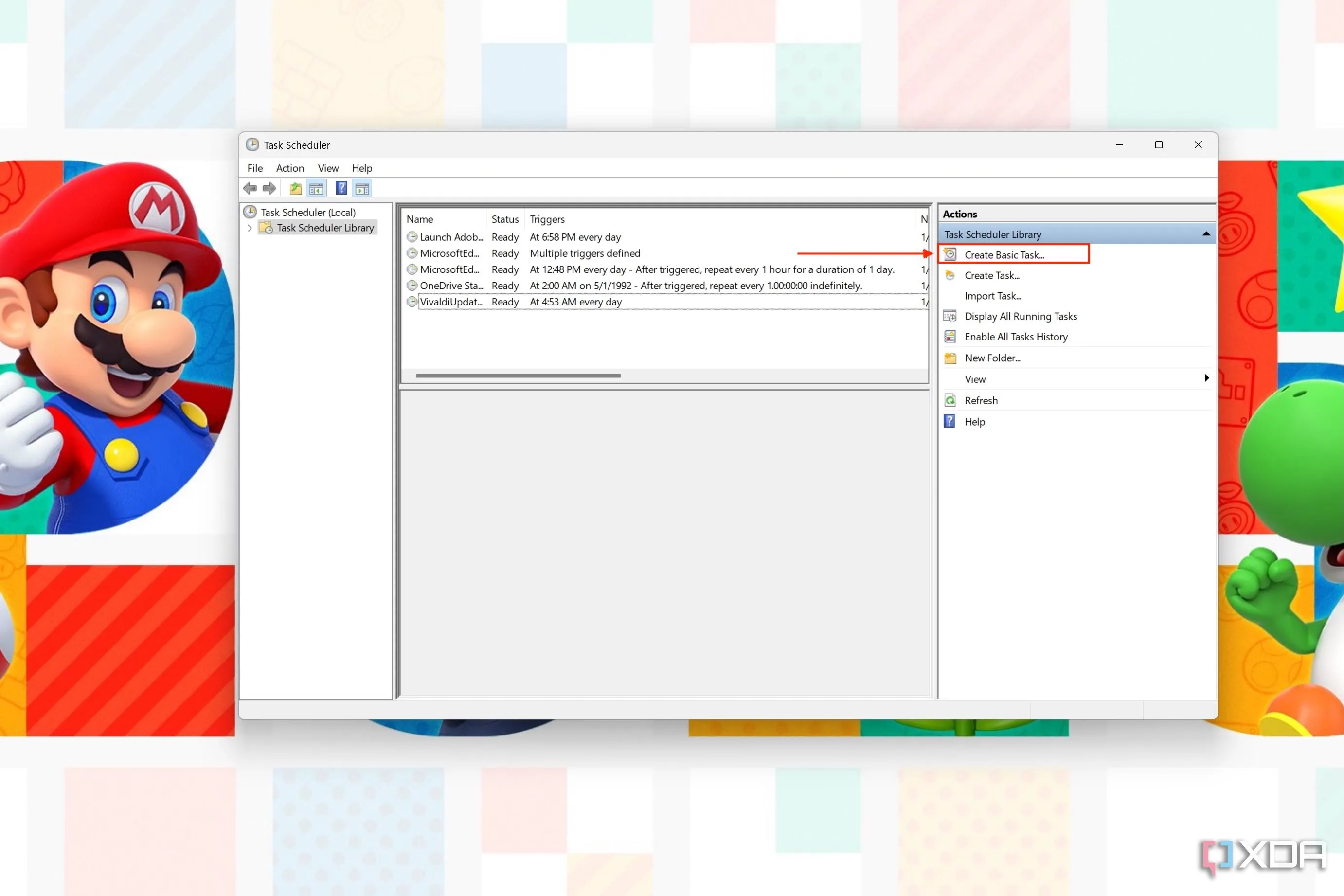 Giao diện Task Scheduler với nút &quot;Create Basic Task&quot; được đánh dấu