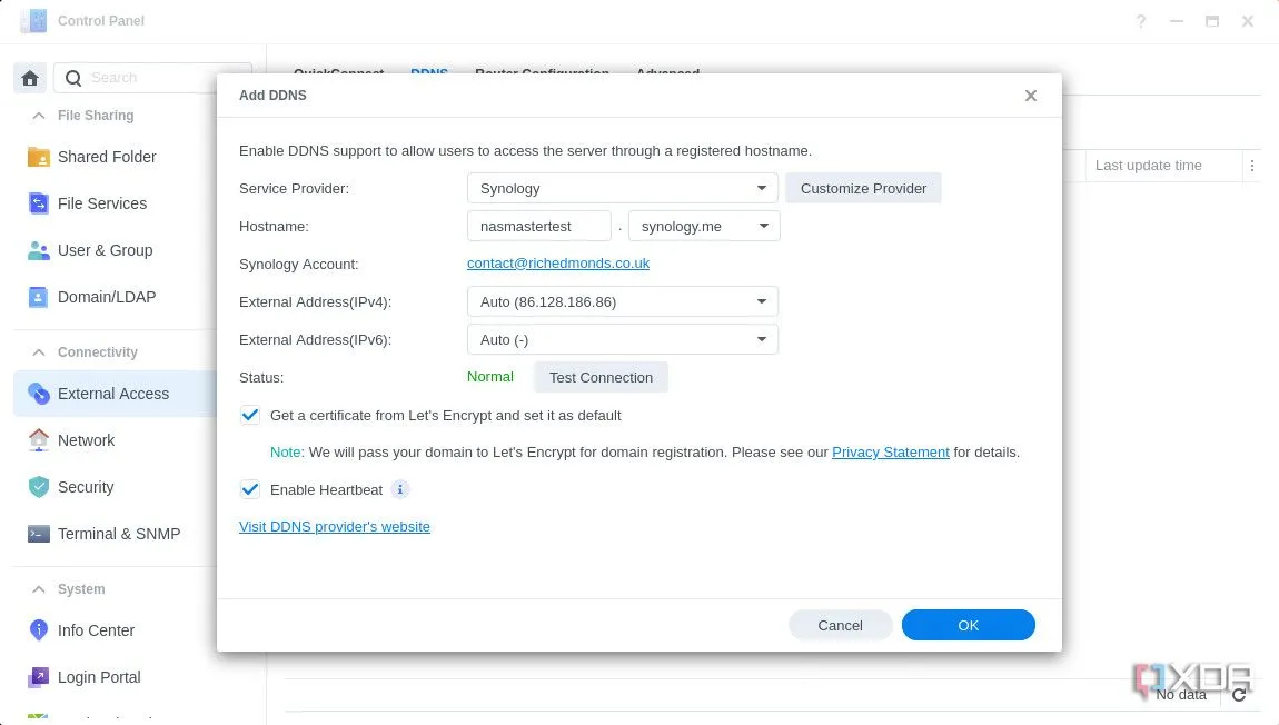 Giao diện thêm DDNS mới trong Synology DSM 7, với các trường thông tin tên miền và nhà cung cấp dịch vụ
