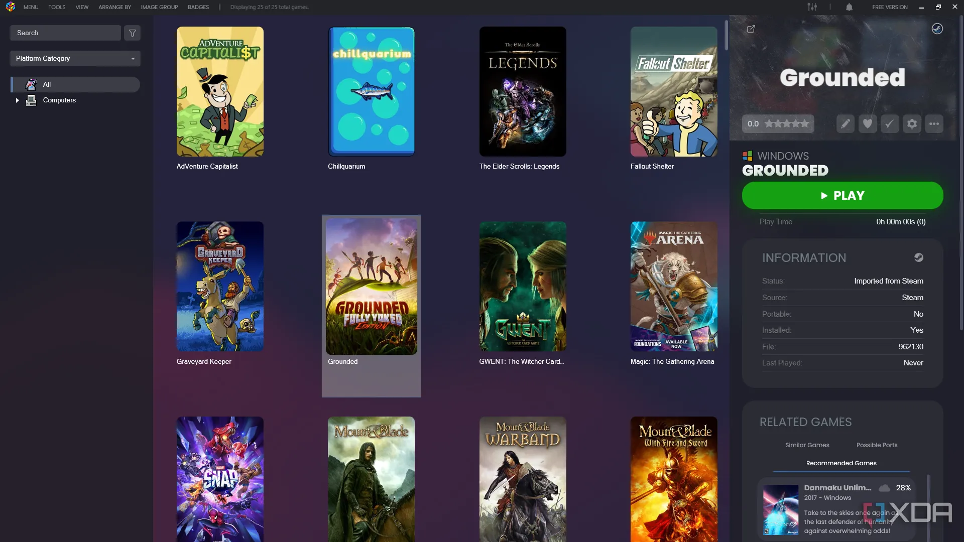 Giao diện thư viện game LaunchBox trên PC, mô phỏng trải nghiệm console