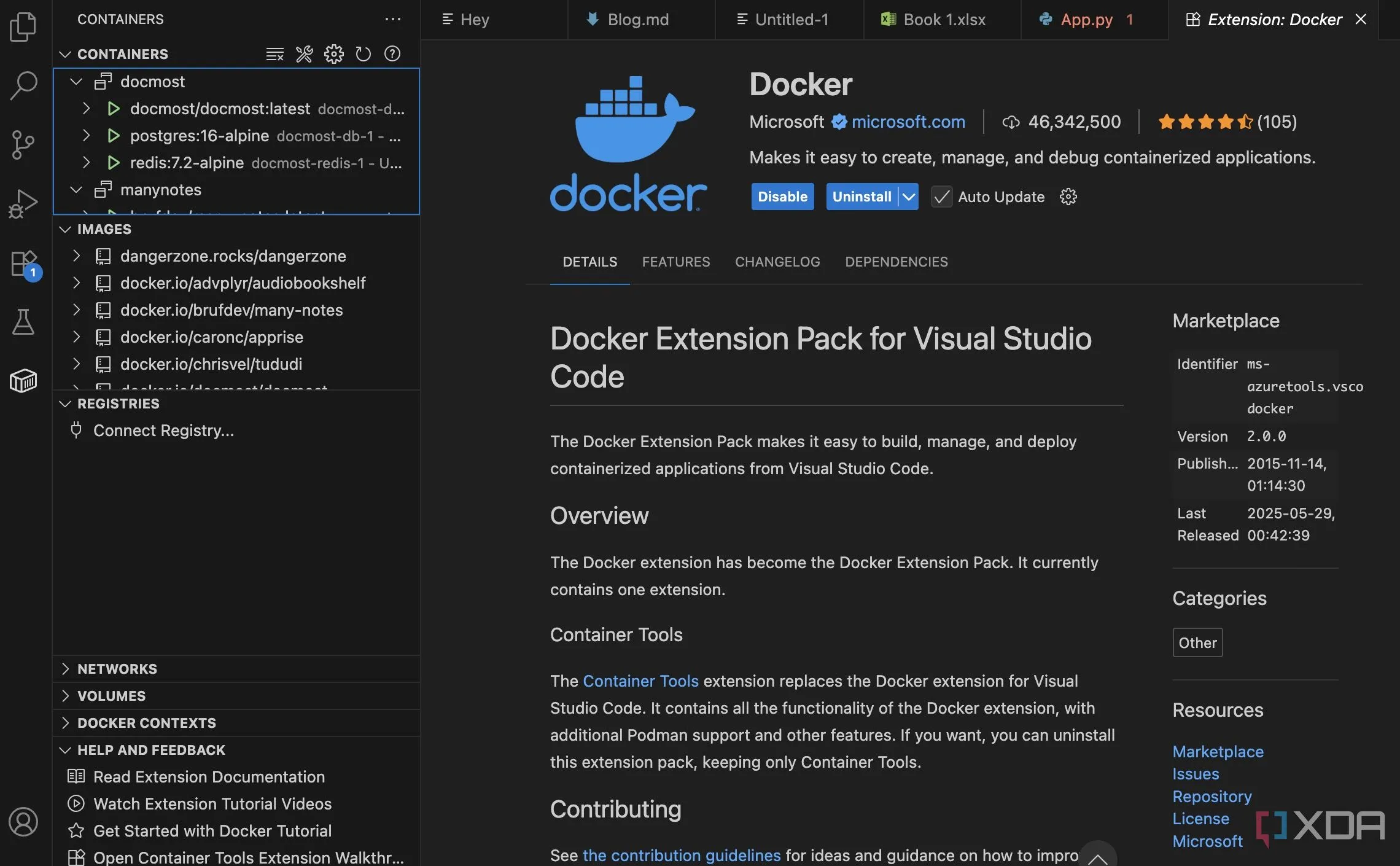 Giao diện tiện ích mở rộng Docker trong VS Code hiển thị danh sách các container đang chạy