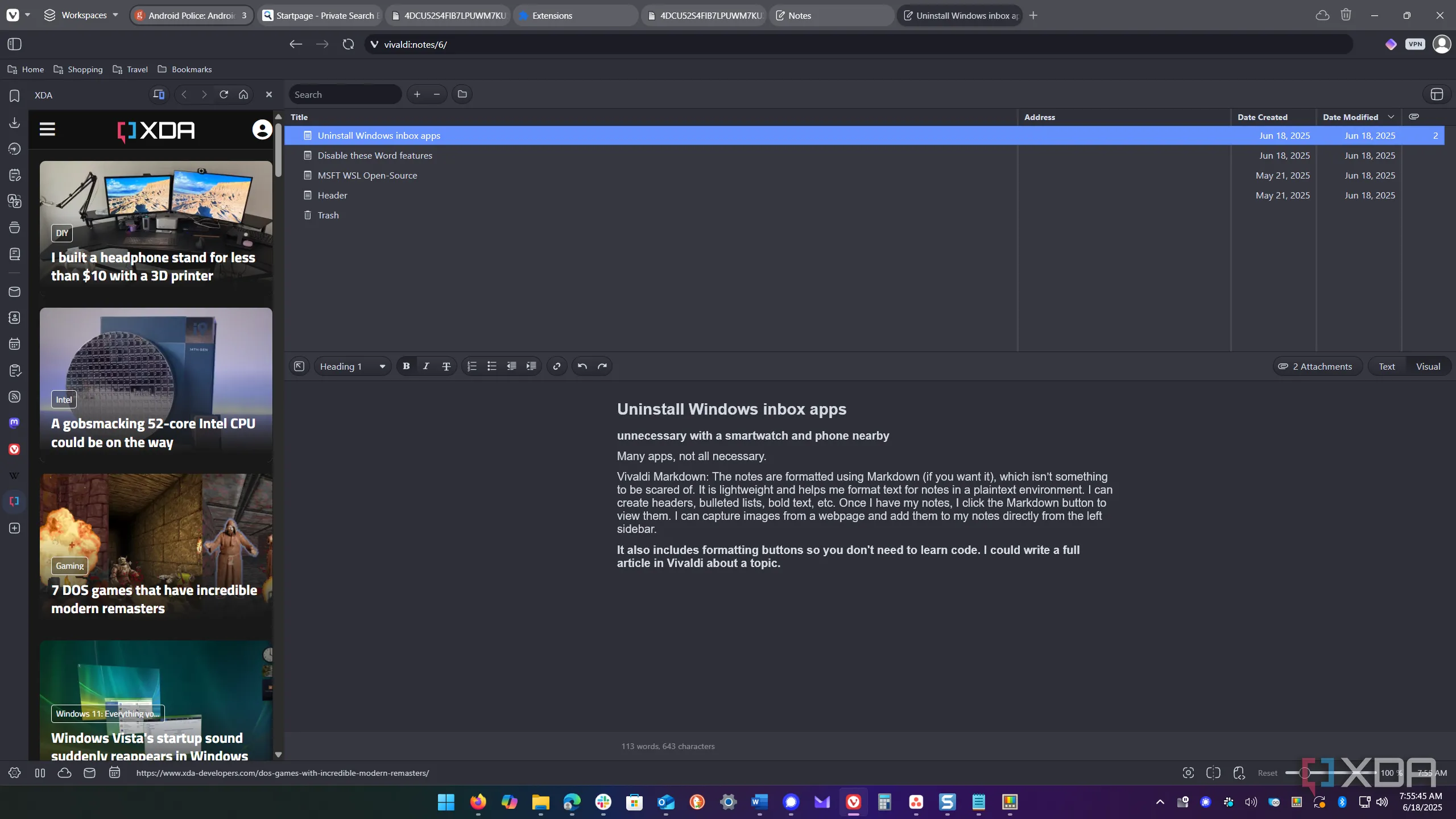 Giao diện tính năng ghi chú Notes của Vivaldi hiển thị các ghi chú được định dạng Markdown