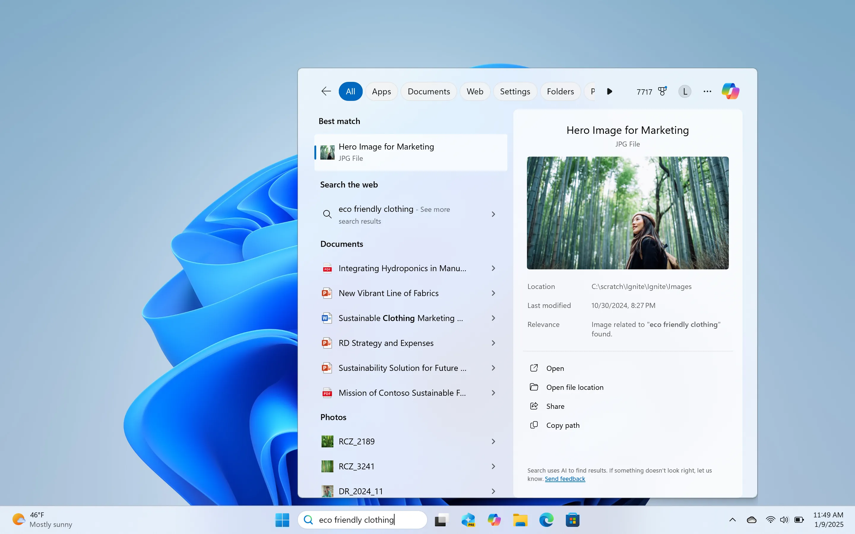 Giao diện tính năng tìm kiếm ngữ cảnh AI mới trên thanh tác vụ Windows 11 với ví dụ &quot;bridge at sunset&quot;