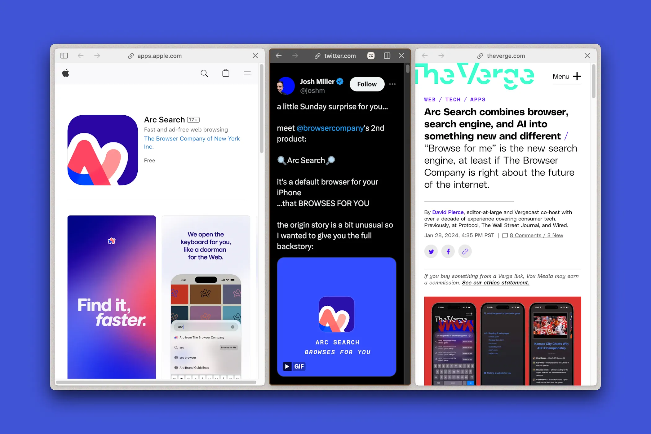 Giao diện tổng quan của Arc Browser trên Windows với thanh sidebar tích hợp các tính năng quản lý tab