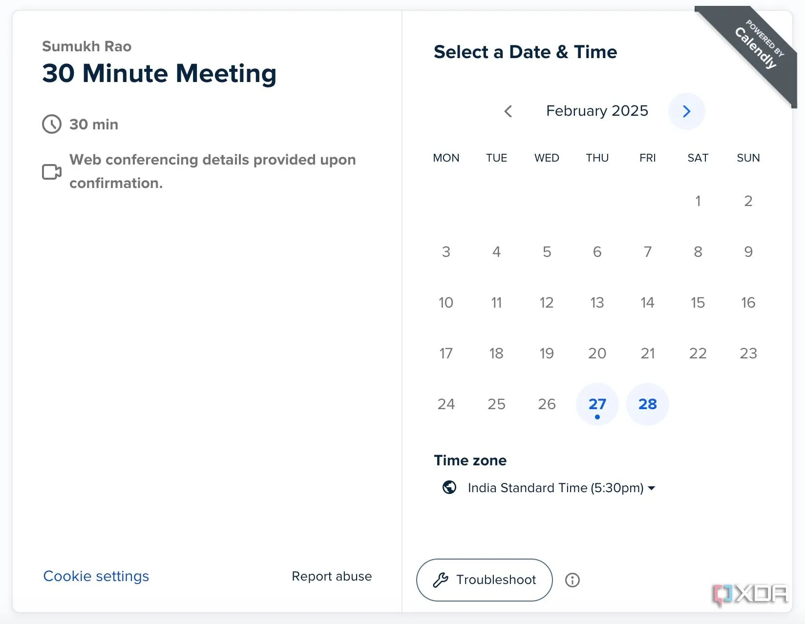 Giao diện trang đặt lịch hẹn của Calendly