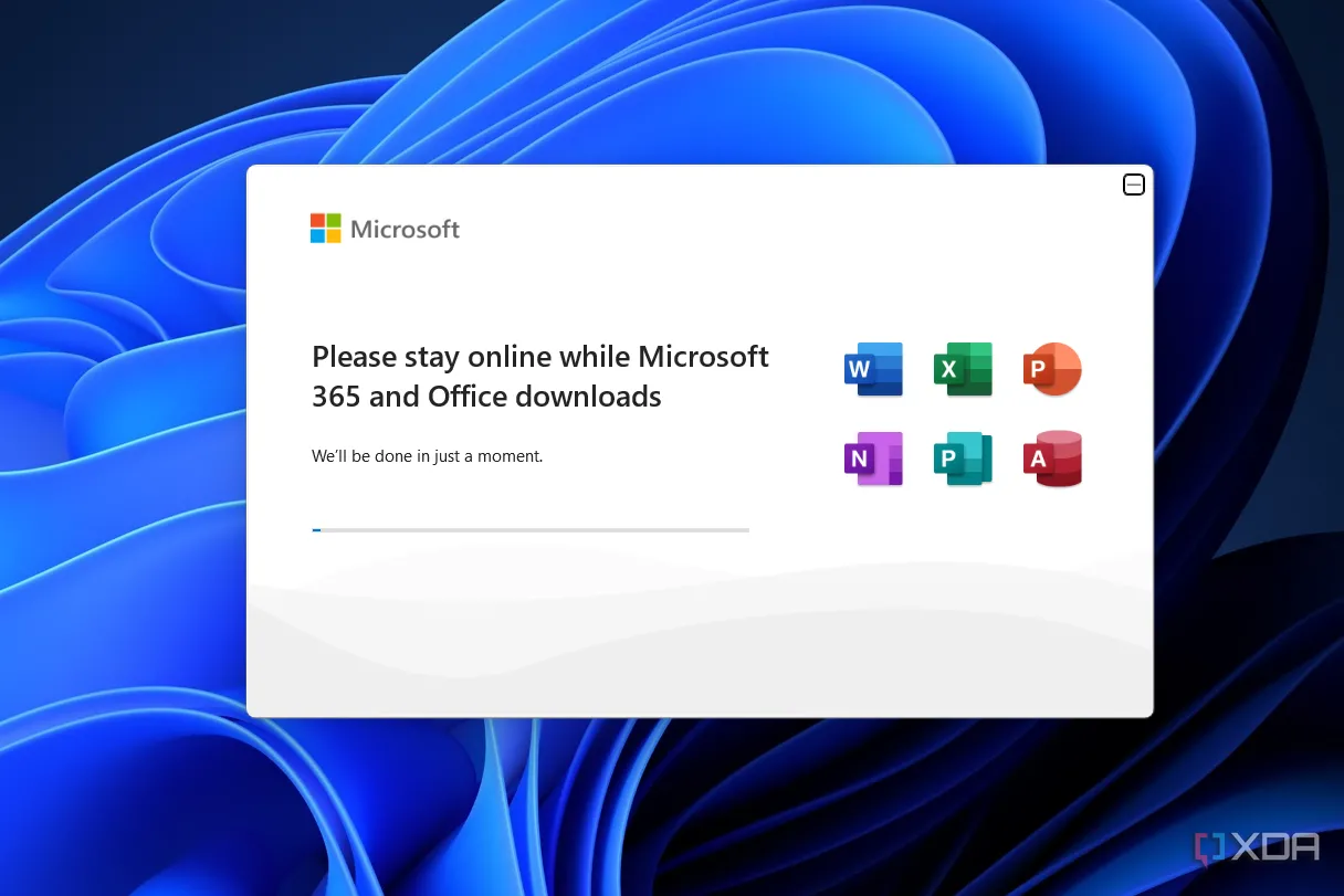 Giao diện trình cài đặt Microsoft 365 cho các ứng dụng Office, không có tùy chọn chọn lọc.