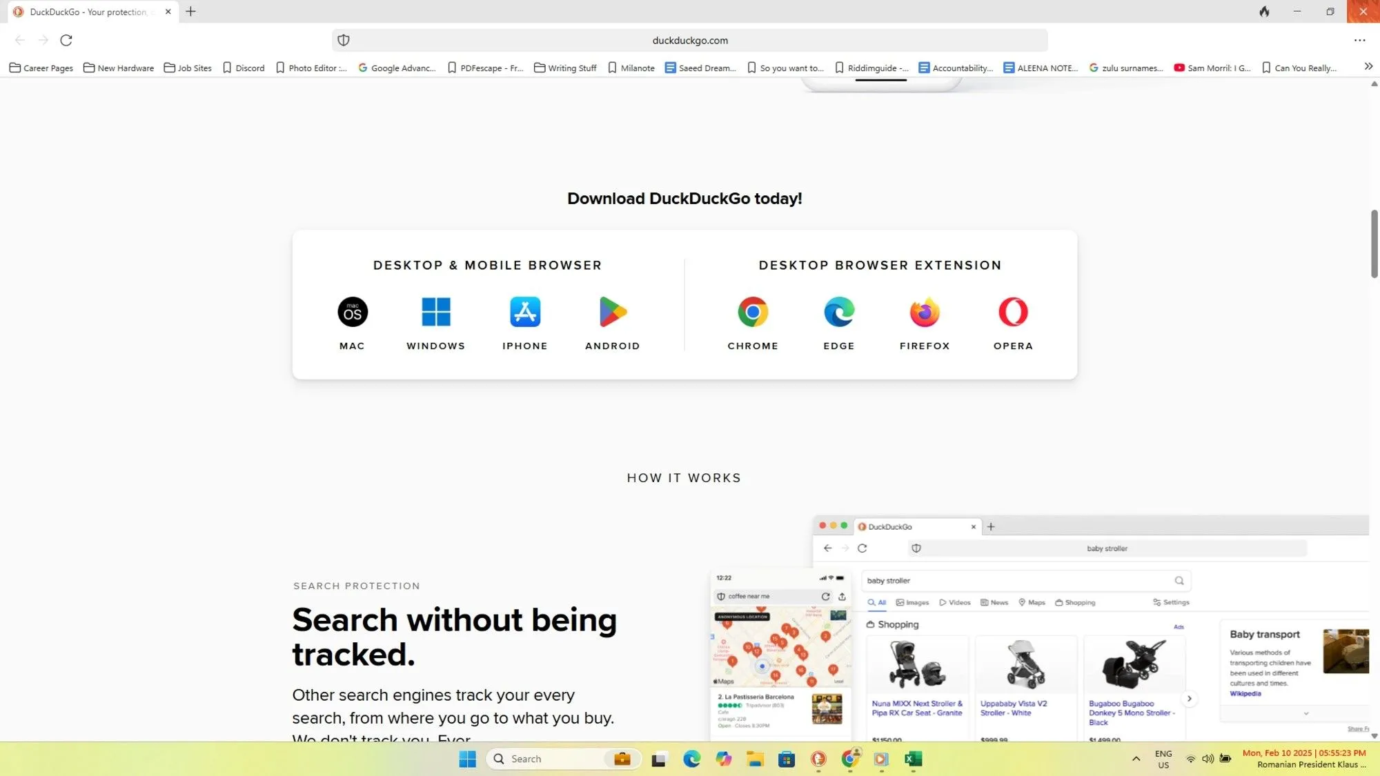 Giao diện trình duyệt DuckDuckGo hiển thị các nền tảng hỗ trợ như Windows, macOS, Android, iOS