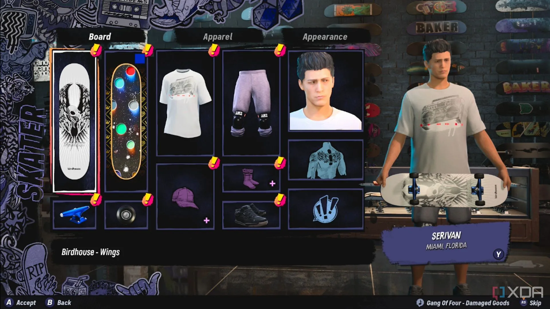 Giao diện tùy chọn menu Create-A-Skater trong Tony Hawk's Pro Skater 3+4